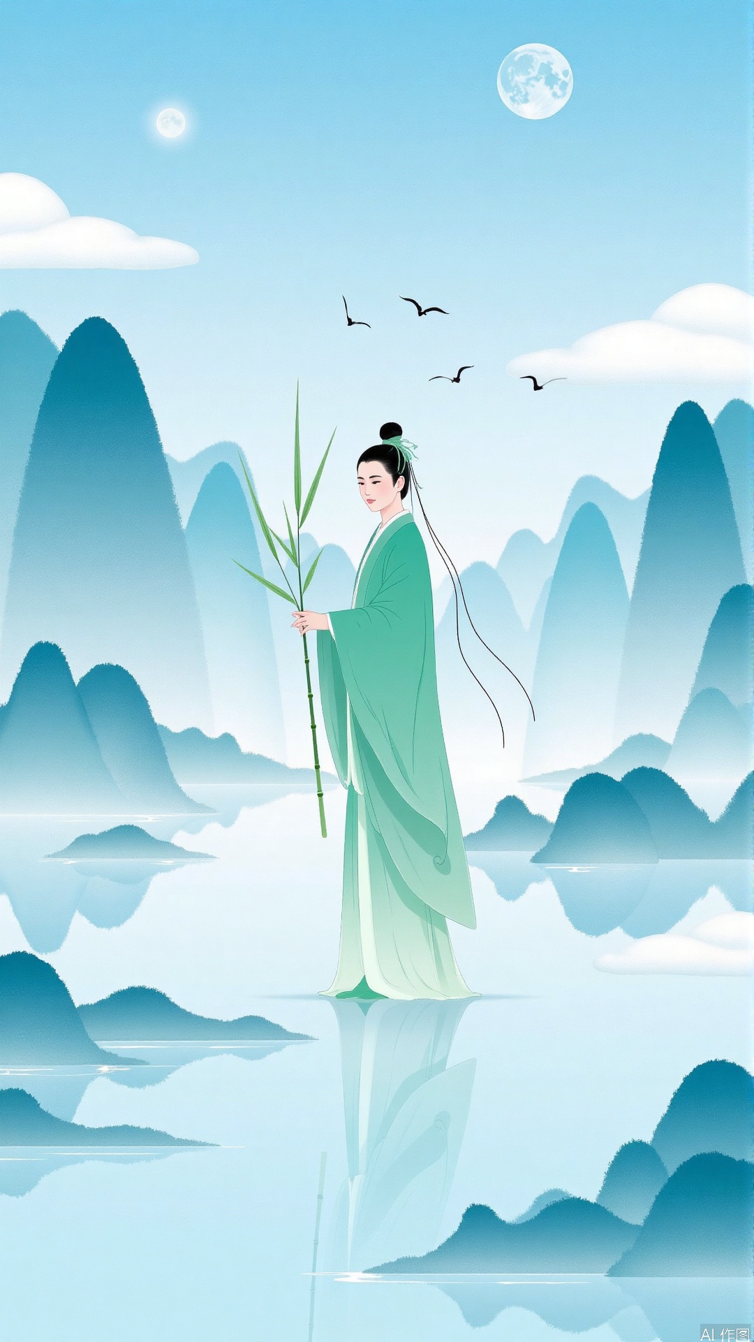 JYZGF, an ancient woman with graceful figure, wearing a light green flowing robe, with a tall bun and a strand of long hair hanging down. She holds bamboo long leaf props and stands quietly between mountains and rivers. The background is a continuous mountain in the light blue ink style. The mountains are covered with clouds and mist. The water surface is as calm as a mirror reflecting the mountain colors. Birds are flying in the sky, and a hazy full moon hangs in the distance. The overall picture is fresh and elegant in color, and adopts a simple illustration style.