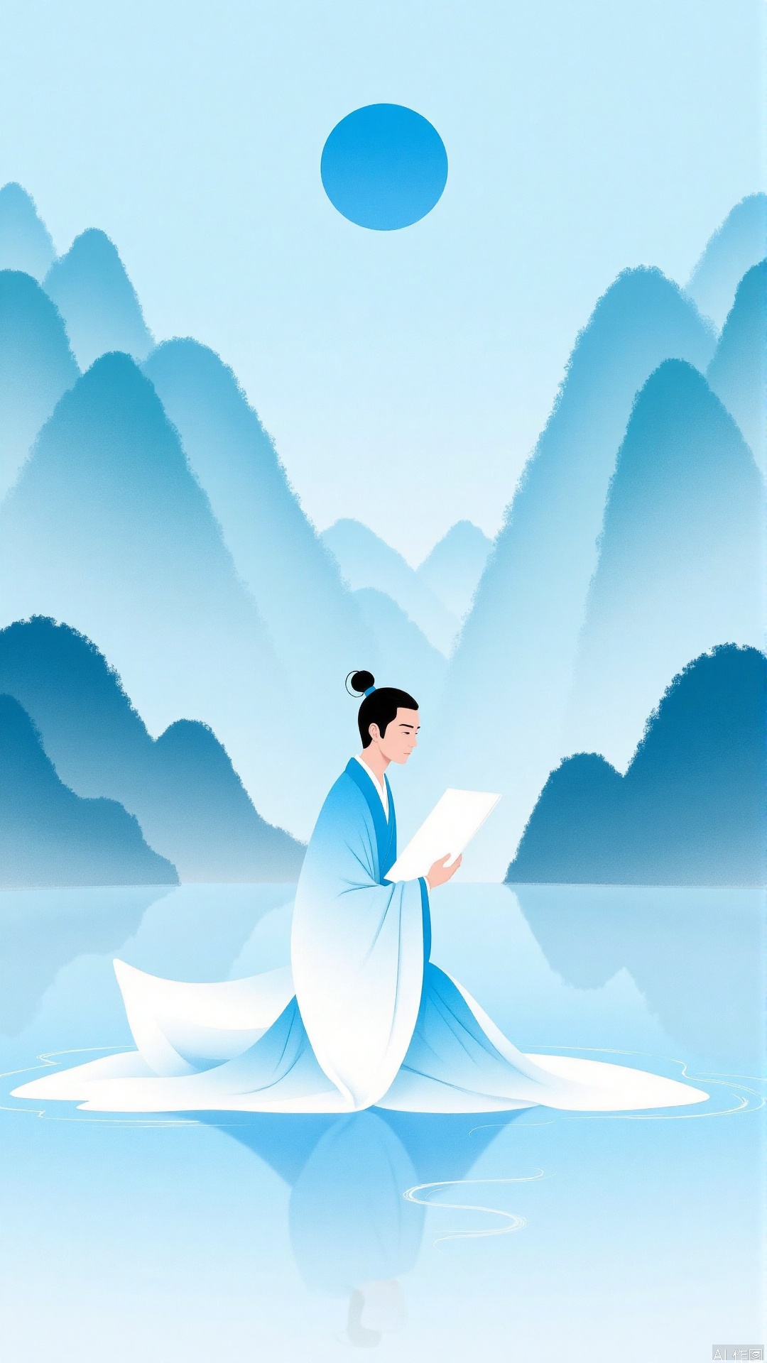 JYZGF, A young man with hair tied up, wearing a flowing robe with mostly white and blue brides, kneels on the water, holding a white object in both hands. The background is a blue round sun hanging in the light blue sky, and blue-green ink-style mountains with varying shades, creating a quiet and distant Chinese artistic conception. The overall picture is a simple illustration style.