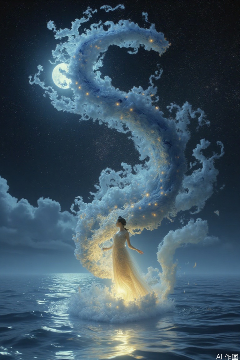 Her hair was the light gold remnant of the Milky Way after being washed by the moonlight. At the end of each strand of curly hair was curled up with half a shell-raising pearl, and the star sand like fine snow fell as her neck turned. The eyelashes are painted with pink painted by mermaid combs and scales. When blinking, they cast a coral reef-shaped purple halo in the eye socket. The drowning navigation chart floats deep in the iris, and the pupils are two obsidians polished by siren's tears, reflecting the twelve ghost ships stranded at high tide.

The lips are like the shiny wine soaked in the bones of coral polyps, and the fourteen-line poems spelled by fluorescent plankton are swayed in the lips. The collarbone is filled with waves stolen from the birth of Venus, and the collarbone is raised and two phosphorescent terns are stationed. Whenever the breathing rises and falls, a salty rainbow of mist drips from the bird's beak, etching the unique barnacle pattern of the intertidal zone on the skin.

The arms were wrapped around the shark silk that was deconstructed by the evening wind, and twenty blue gradient chromatography floated between the translucent yarns - from the ink color of the midnight reef rock to the silver spots on the midday sea surface. What droops on the fingertips are not ordinary ribbons, but on the eve of a storm that solidifies into silk form, each floating fold is covered with the electrostatic sparks of the thunderstorm clouds split. The waist was cast by liquid moonlight to create an hourglass curve, and deep in the navel was a rose salt crystal extracted from the echo of the conch.

The hem of the skirt is woven by three hundred waves of snow, and each skirt pleat is sealed with blues from different seas: tropical fish scale powder in the Caribbean, shipwreck rust spots in the Aegean Sea, and whale song frequency in the North Sea. As it rotates, the skirt blooms into a whirlpool that swallows the lighthouse. The skirt skeleton is actually thirty-seven sperm whale rib fossils, with the surface coated with twilight copper rust scraped from the pirate gold coins.

The ankles are tied with silver chains made of tidal gravity. Wherever the toe is pointing, the Venetian crystal pattern is automatically precipitated on the beach. And she just lowered her head and smiled, and the three freckles behind her ears suddenly began to flash in sync - that was the code of Moss that all the lighthouses on both sides of the Atlantic Ocean crossed on the summer night. Under her skin, the rhythm of the deep sea hot springs vaguely came, as if there were 100,000 fluorescent squids dancing Tarantella at her heart rate.,YT Chinese style old movie style,This style comes from yt Dream