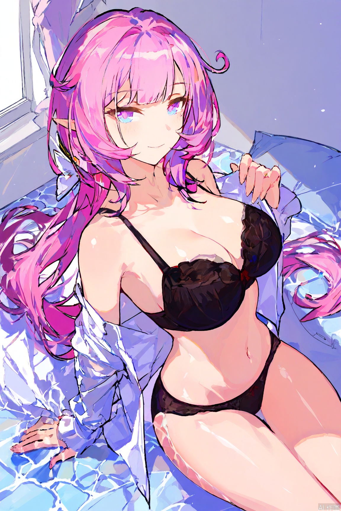 elysia \(honkai impact\),1girl,solo,long hair,breasts,separate_shirt,hei_black lace bra,hei_black lace panties,frills,shiny skin,looking_at_viewer,bedroom,caustics,white_background,very_aesthetic,highres,high_definition,sensitive,best_quality,masterpiece,illustration,