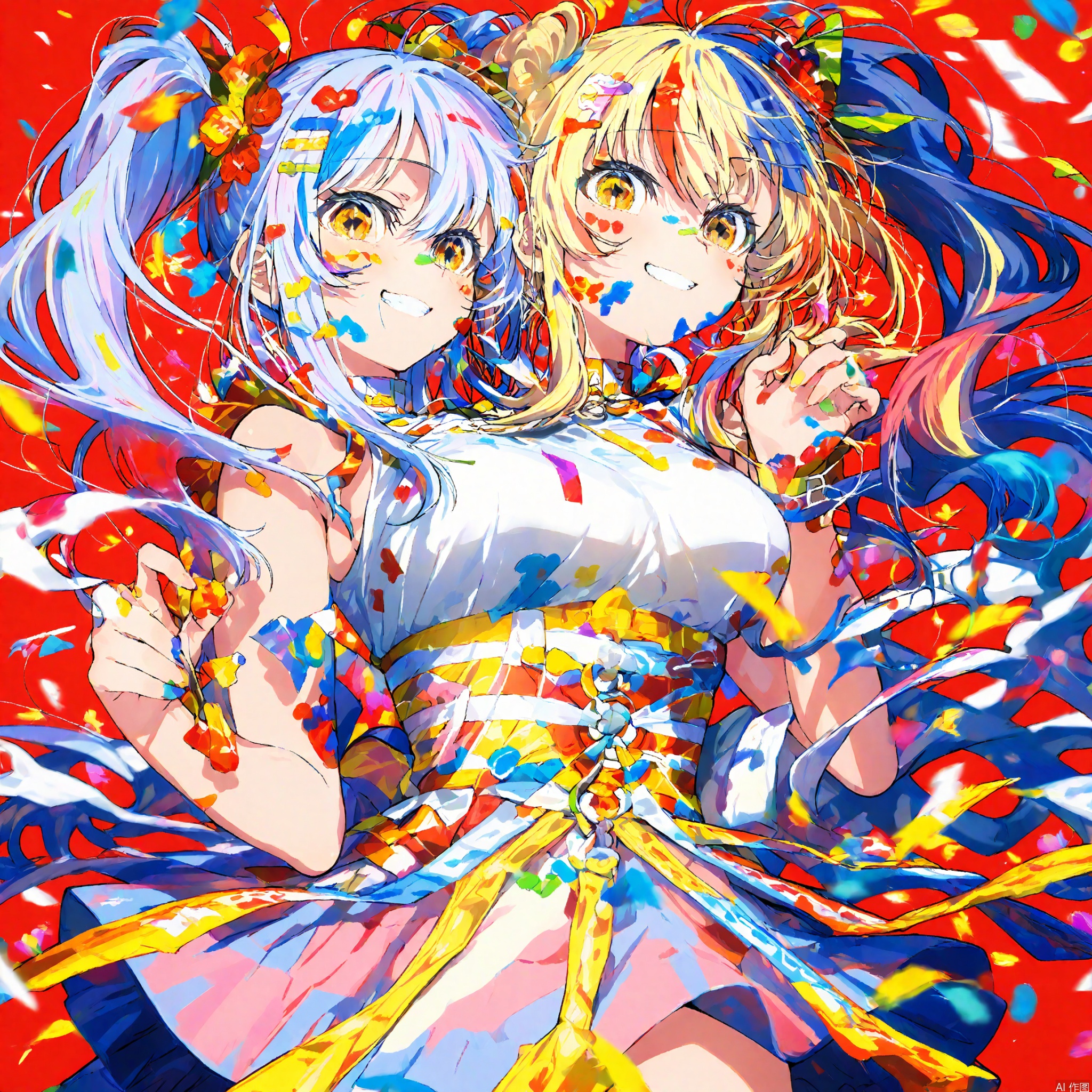 A dynamic anime-style illustration features Mika Piazo, a vibrant character with flowing hair boasting intricate patterns and designs. Large, expressive eyes graduate from red to blue to yellow, radiating liveliness. A sleeveless white top accentuates her cheerful smile, as she holds up one hand in a playful pose, fingers splayed. Against a solid red background, the character's colorful attire pops, drawing attention to her stunning locks.