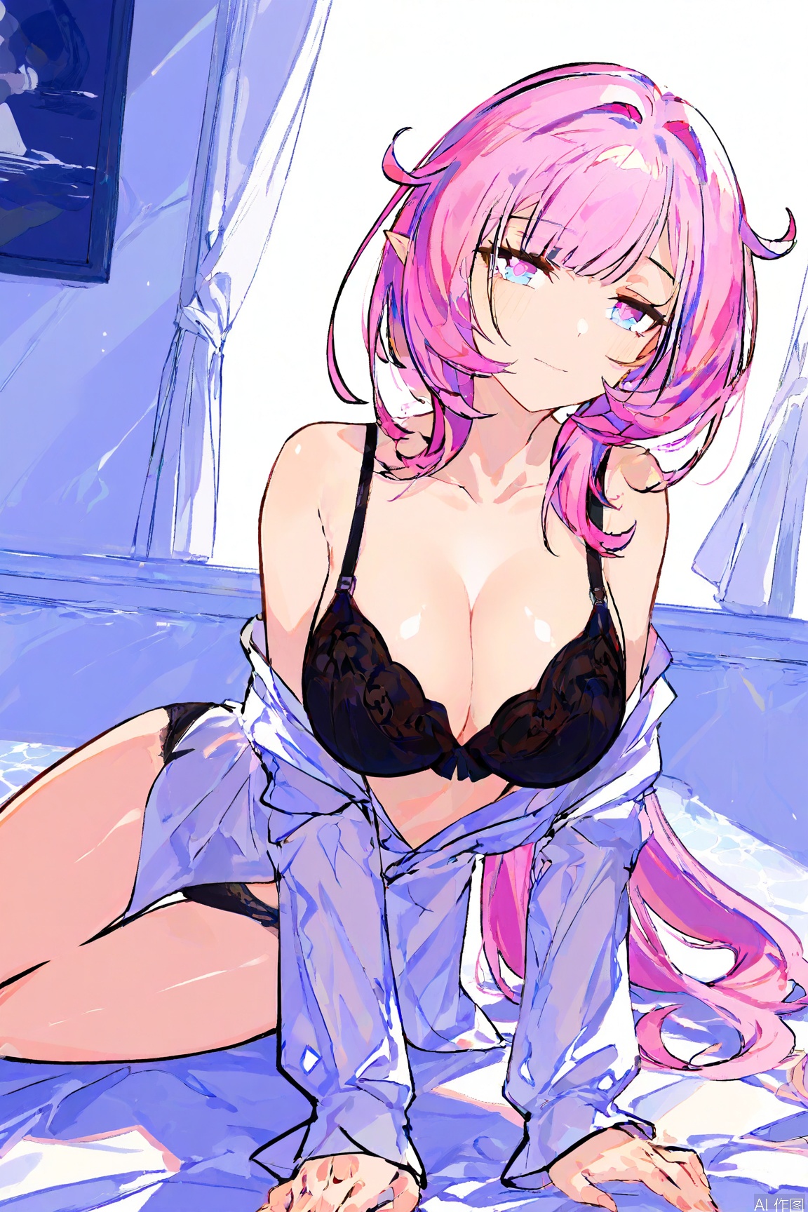 elysia \(honkai impact\),1girl,solo,long hair,breasts,separate_shirt,hei_black lace bra,hei_black lace panties,frills,shiny skin,looking_at_viewer,bedroom,caustics,white_background,very_aesthetic,highres,high_definition,sensitive,best_quality,masterpiece,illustration,