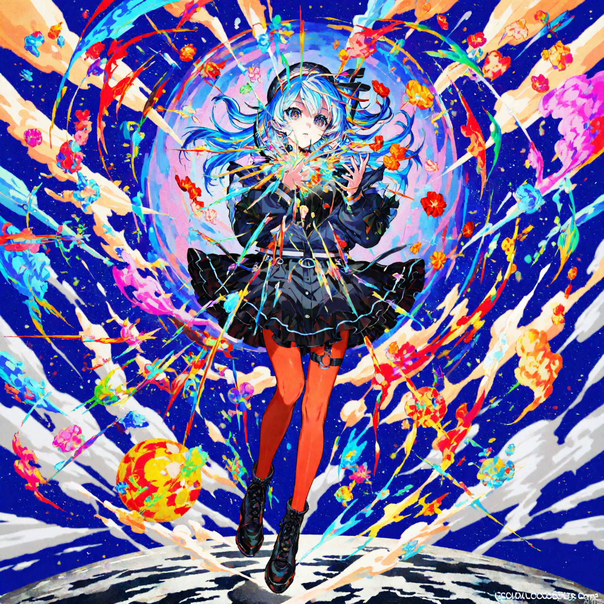 The image depicts a vibrant and dynamic scene with a central character surrounded by a swirl of colorful, abstract shapes. The character has blue hair and is wearing a black outfit with a frilly skirt and red stockings. They are standing on a surface that resembles a planet, with a bright light emanating from the bottom center of the image. The background is filled with a variety of colors, including blues, purples, reds, and greens, creating a sense of motion and energy. There are also small, colorful objects scattered throughout the scene, which appear to be floating or moving around the character. The overall composition is very lively and visually striking, with a mix of sharp and soft elements that create a sense of movement and dynamism.