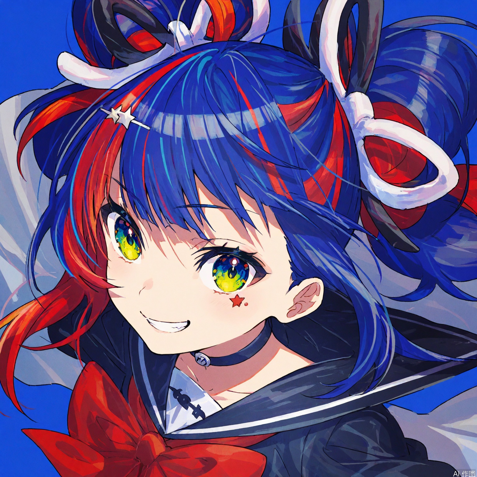The image depicts a vibrant anime-style character with striking blue and red hair

adorned with a star-shaped accessory on the forehead. The character is wearing a school uniform with a red bow tied around the neck

and a choker necklace. The background is a solid blue color

providing a vivid contrast to the character's colorful attire. The character is holding a sword

suggesting a sense of readiness or action. The overall composition is dynamic

with the character's expression and posture exuding energy and confidence.

