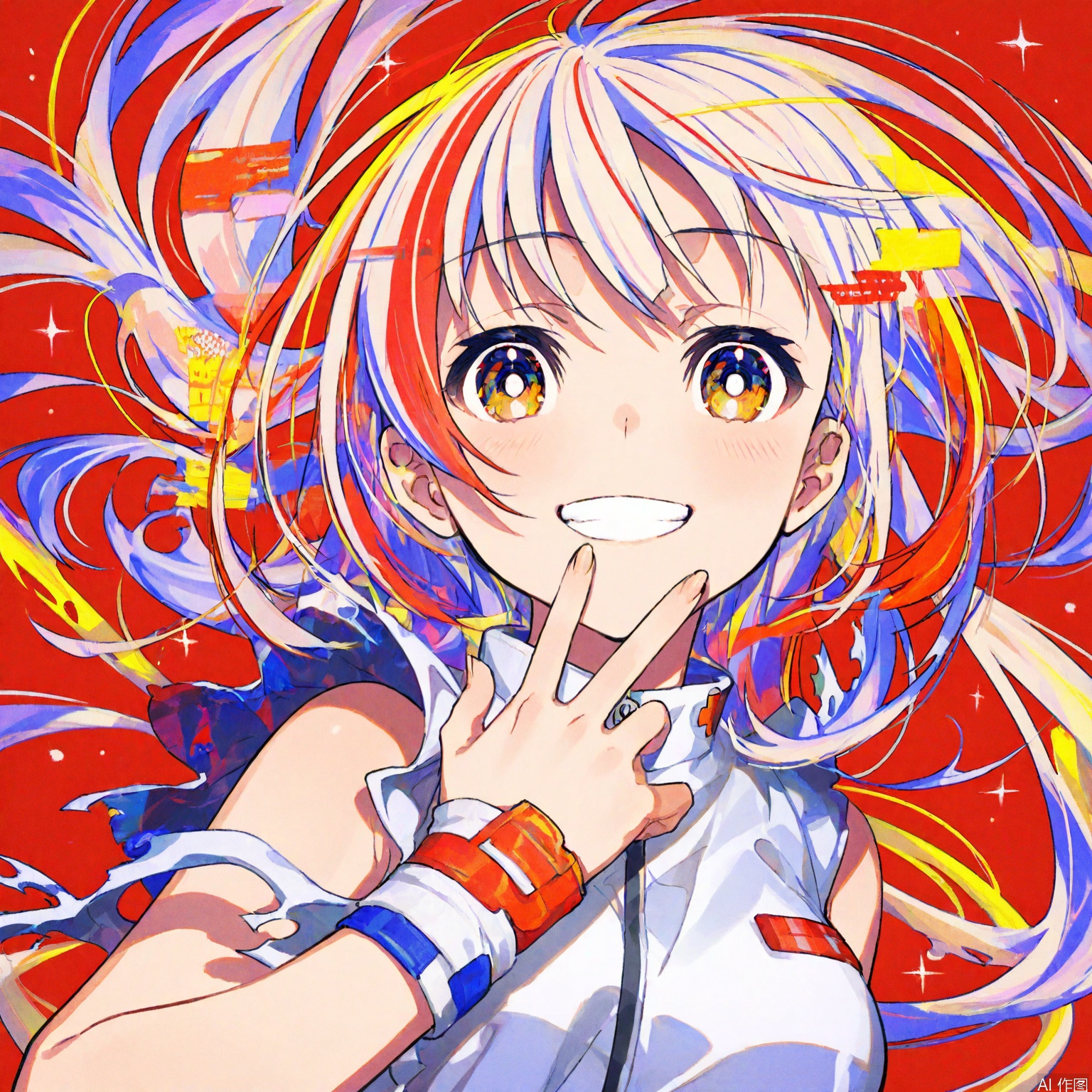 A dynamic anime-style illustration features Mika Piazo, a vibrant character with flowing hair boasting intricate patterns and designs. Large, expressive eyes graduate from red to blue to yellow, radiating liveliness. A sleeveless white top accentuates her cheerful smile, as she holds up one hand in a playful pose, fingers splayed. Against a solid red background, the character's colorful attire pops, drawing attention to her stunning locks.