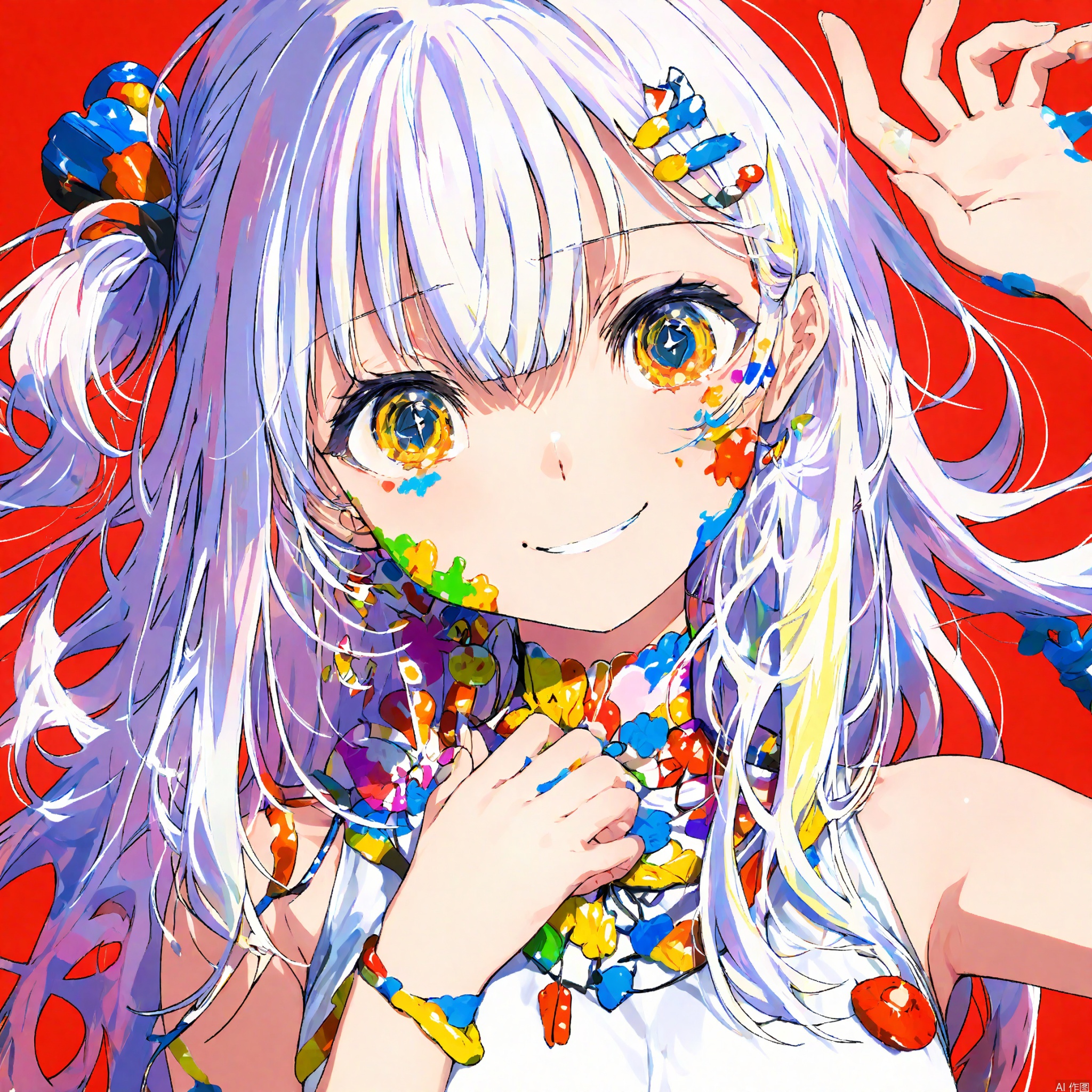 A dynamic anime-style illustration features Mika Piazo, a vibrant character with flowing hair boasting intricate patterns and designs. Large, expressive eyes graduate from red to blue to yellow, radiating liveliness. A sleeveless white top accentuates her cheerful smile, as she holds up one hand in a playful pose, fingers splayed. Against a solid red background, the character's colorful attire pops, drawing attention to her stunning locks.