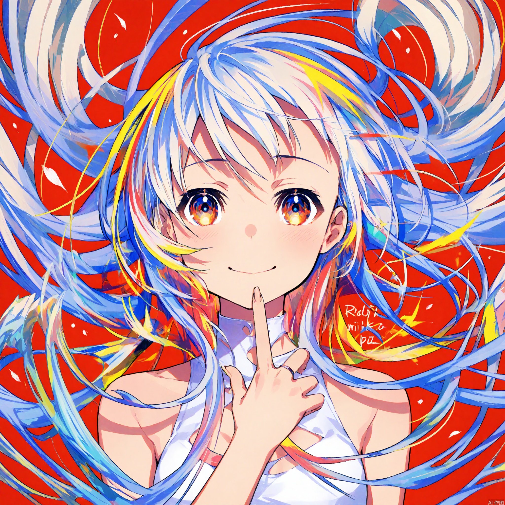 A dynamic anime-style illustration features Mika Piazo, a vibrant character with flowing hair boasting intricate patterns and designs. Large, expressive eyes graduate from red to blue to yellow, radiating liveliness. A sleeveless white top accentuates her cheerful smile, as she holds up one hand in a playful pose, fingers splayed. Against a solid red background, the character's colorful attire pops, drawing attention to her stunning locks.