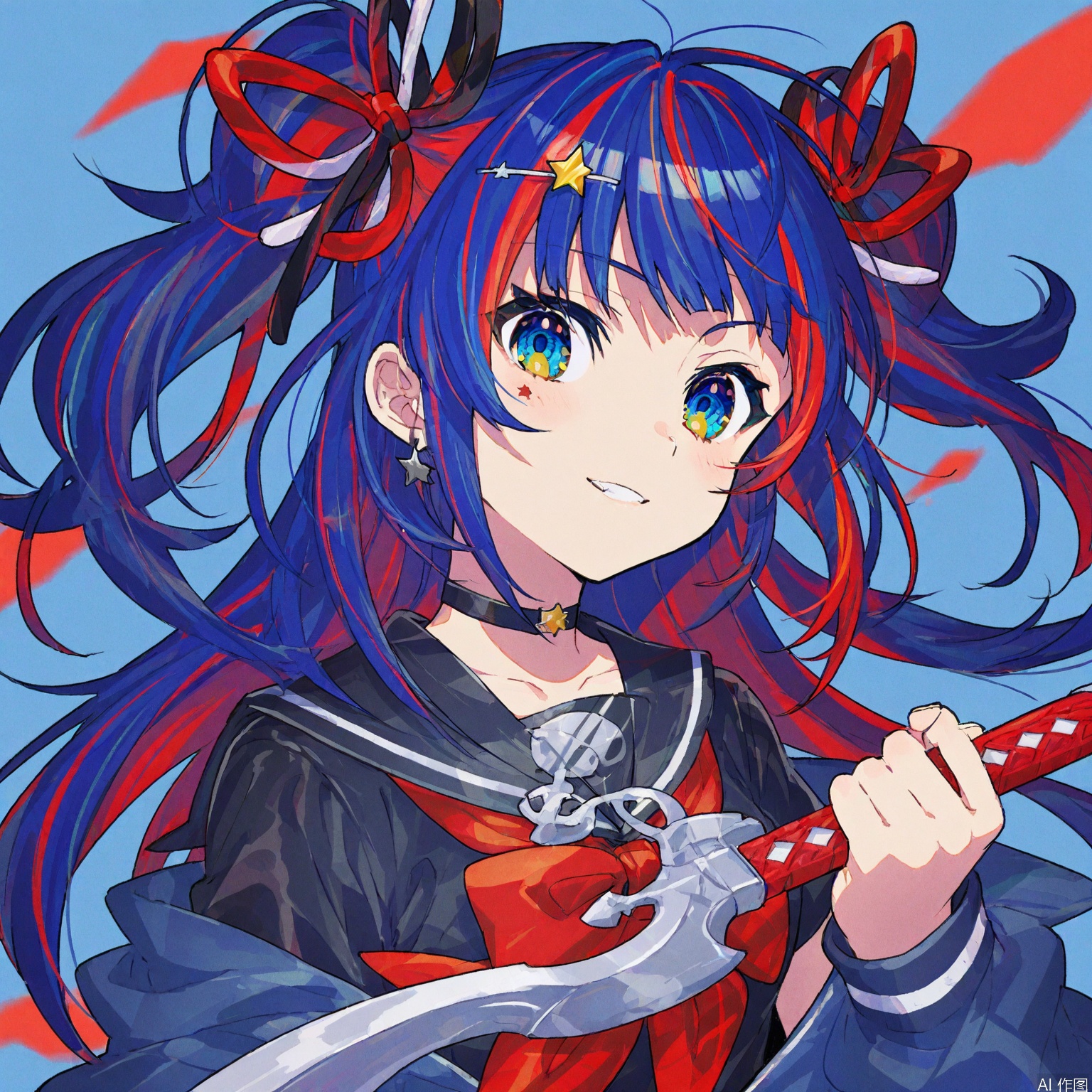 The image depicts a vibrant anime-style character with striking blue and red hair

adorned with a star-shaped accessory on the forehead. The character is wearing a school uniform with a red bow tied around the neck

and a choker necklace. The background is a solid blue color

providing a vivid contrast to the character's colorful attire. The character is holding a sword

suggesting a sense of readiness or action. The overall composition is dynamic

with the character's expression and posture exuding energy and confidence.

