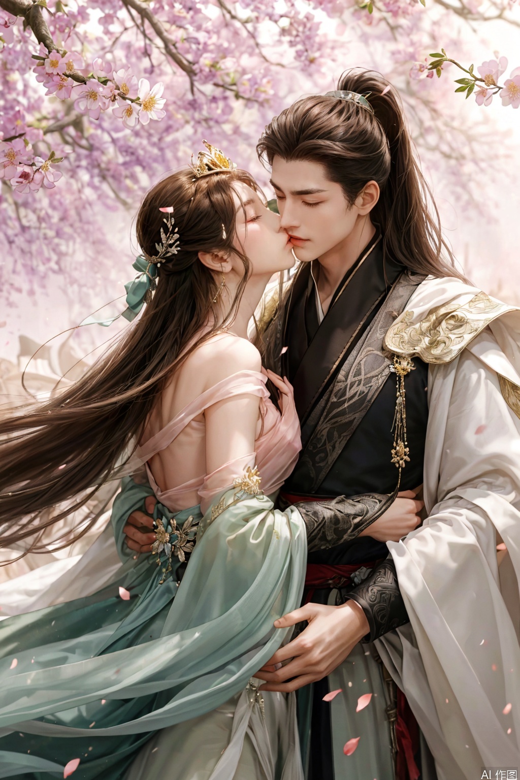 On an afternoon in spring,the courtyard is ablaze with a profusion of flowers. Peach blossom petals flutter down like snowflakes. A man and a woman are embracing and kissing. The woman is wearing a sheer,light pink silk skirt,with a graceful figure. Her hair flows loose,adorned with numerous flowers. The man is dressed in a dark brocade robe,and his hair is tied up in a high ponytail,on which there is a jade hair crown. A gentle breeze blows,stirring their hair strands.,