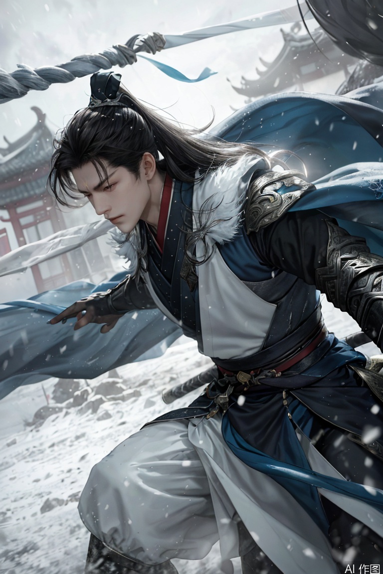 1boy,one man wears hanfu,with determined expression,flowing black hair tied with silver ribbon,creating energy trails,battlefield with shattered shields and burning war drums,icy blue energy aura around warrior,frozen mud splashes under horse hooves,dynamic snowflakes mixed with ash particles,cinematic cold metallic lighting with rim highlights,traditional Chinese battle banners torn by wind,ultra-realistic textile textures,Unreal Engine 5 ray tracing,8K IMAX film grain,