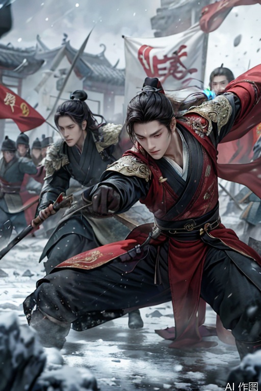 1boy,one man wears hanfu,with determined expression,flowing black hair tied with silver ribbon,creating energy trails,battlefield with shattered shields and burning war drums,icy blue energy aura around warrior,frozen mud splashes under horse hooves,dynamic snowflakes mixed with ash particles,cinematic cold metallic lighting with rim highlights,traditional Chinese battle banners torn by wind,ultra-realistic textile textures,Unreal Engine 5 ray tracing,8K IMAX film grain,