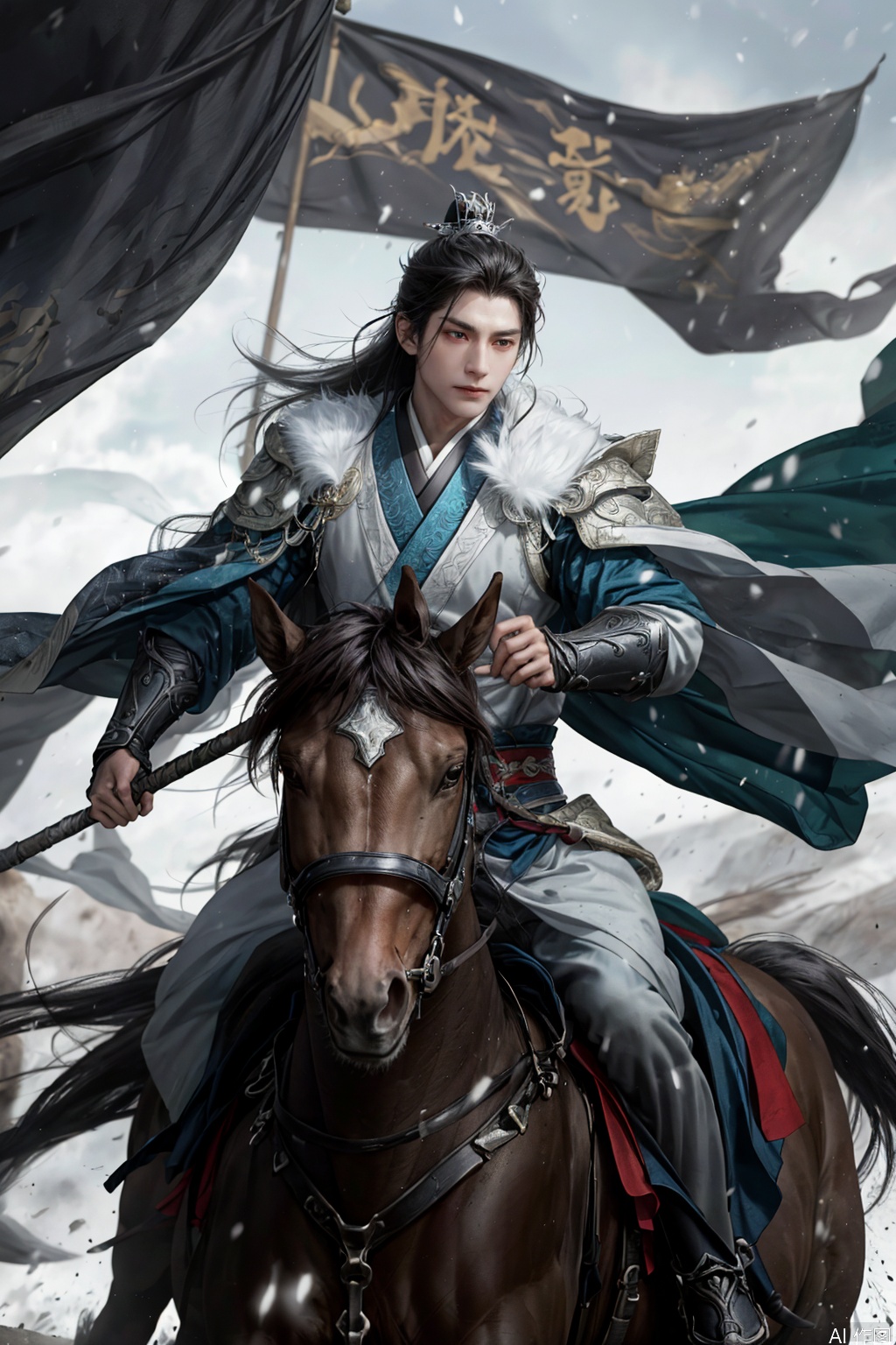 1boy,one man wears hanfu,with determined expression,flowing black hair tied with silver ribbon,creating energy trails,battlefield with shattered shields and burning war drums,icy blue energy aura around warrior,frozen mud splashes under horse hooves,dynamic snowflakes mixed with ash particles,cinematic cold metallic lighting with rim highlights,traditional Chinese battle banners torn by wind,ultra-realistic textile textures,Unreal Engine 5 ray tracing,8K IMAX film grain,