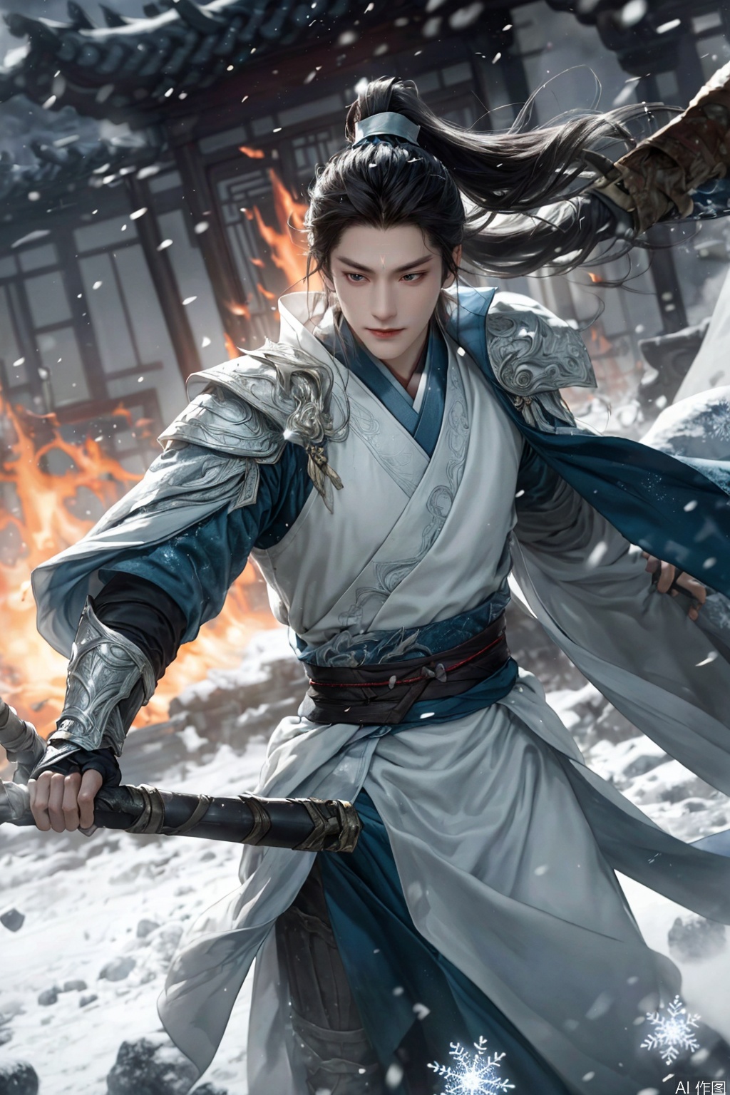 1boy,one man wears hanfu,with determined expression,flowing black hair tied with silver ribbon,creating energy trails,battlefield with shattered shields and burning war drums,icy blue energy aura around warrior,frozen mud splashes under horse hooves,dynamic snowflakes mixed with ash particles,cinematic cold metallic lighting with rim highlights,traditional Chinese battle banners torn by wind,ultra-realistic textile textures,Unreal Engine 5 ray tracing,8K IMAX film grain,Correct human body structure, correct proportion