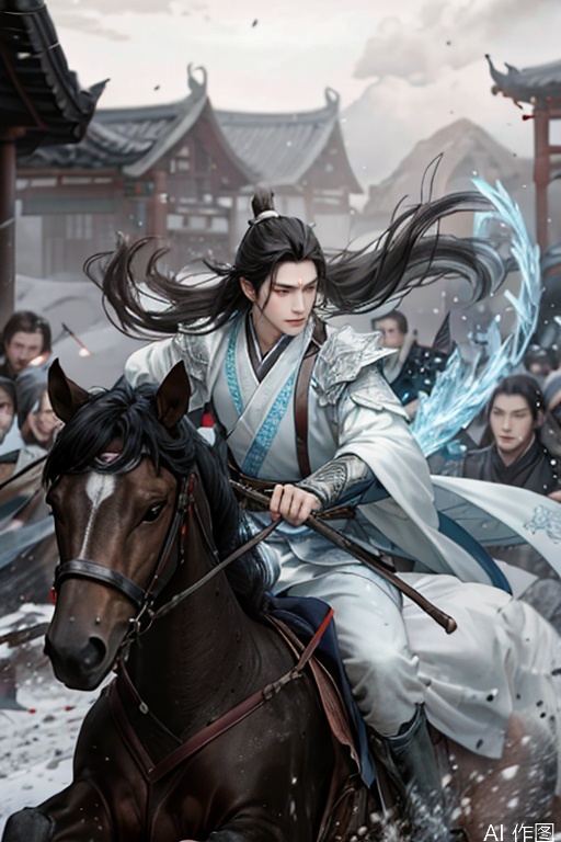 1boy,one man wears hanfu,with determined expression,flowing black hair tied with silver ribbon,creating energy trails,battlefield with shattered shields and burning war drums,icy blue energy aura around warrior,frozen mud splashes under horse hooves,dynamic snowflakes mixed with ash particles,cinematic cold metallic lighting with rim highlights,traditional Chinese battle banners torn by wind,ultra-realistic textile textures,Unreal Engine 5 ray tracing,8K IMAX film grain,
