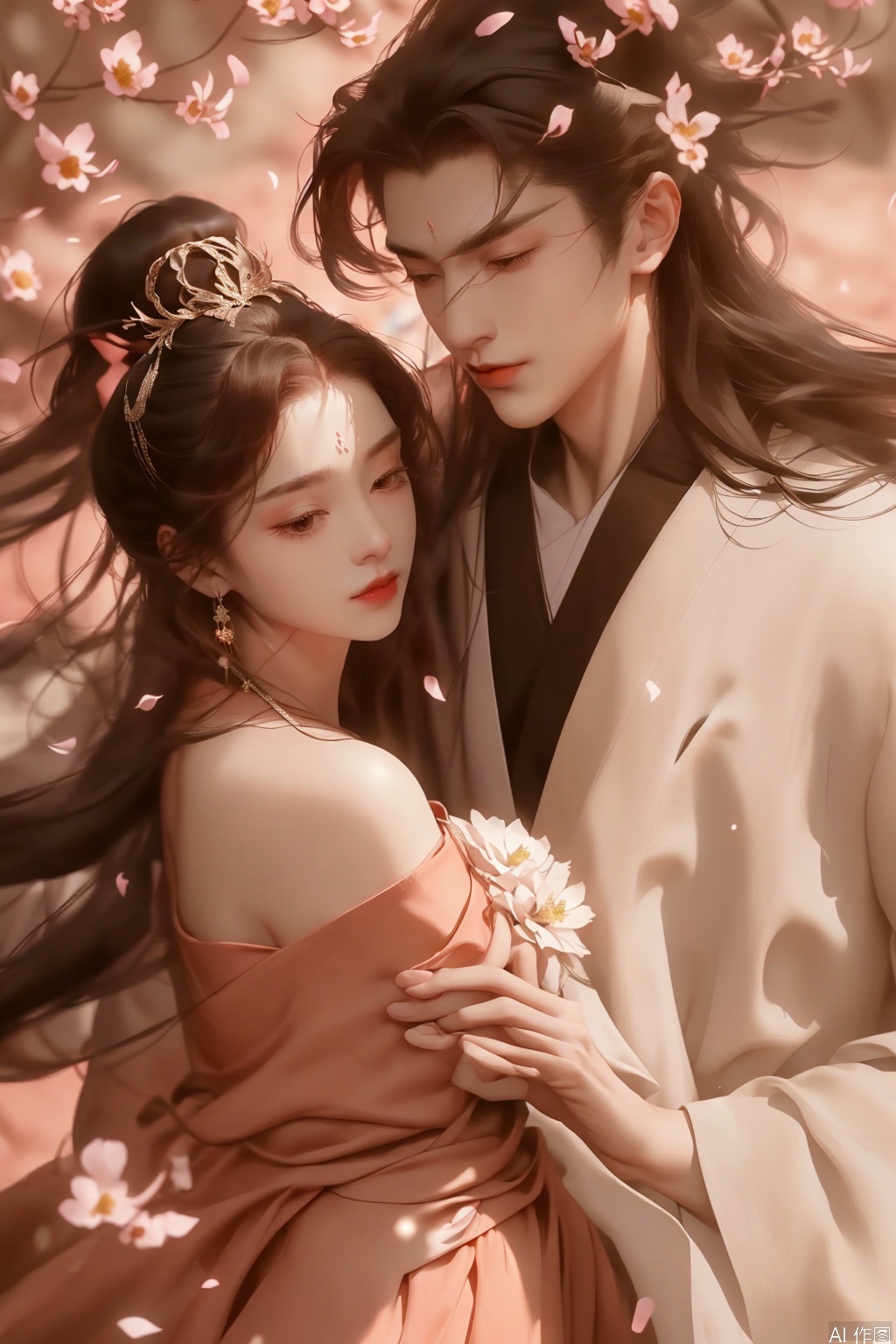 gufeng_style,gufeng_style,gufeng_style,gufeng_style,On an afternoon in spring,the courtyard is ablaze with a profusion of flowers. Peach blossom petals flutter down like snowflakes. A man and a woman are embracing and kissing. The woman is wearing a sheer,light pink silk skirt,with a graceful figure. Her hair flows loose,adorned with numerous flowers. The man is dressed in a dark brocade robe,and his hair is tied up in a high ponytail,on which there is a jade hair crown. A gentle breeze blows,stirring their hair strands.,