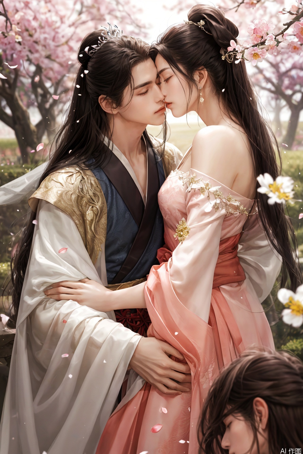 On an afternoon in spring,the courtyard is ablaze with a profusion of flowers. Peach blossom petals flutter down like snowflakes. A man and a woman are embracing and kissing. The woman is wearing a sheer,light pink silk skirt,with a graceful figure. Her hair flows loose,adorned with numerous flowers. The man is dressed in a dark brocade robe,and his hair is tied up in a high ponytail,on which there is a jade hair crown. A gentle breeze blows,stirring their hair strands.,