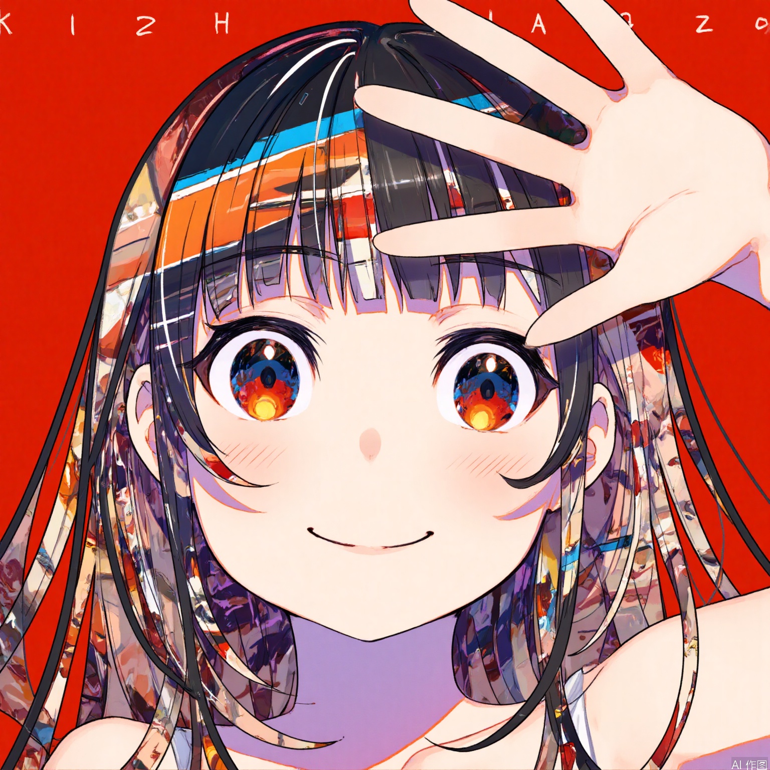 A dynamic anime-style illustration features Mika Piazo, a vibrant character with flowing hair boasting intricate patterns and designs. Large, expressive eyes graduate from red to blue to yellow, radiating liveliness. A sleeveless white top accentuates her cheerful smile, as she holds up one hand in a playful pose, fingers splayed. Against a solid red background, the character's colorful attire pops, drawing attention to her stunning locks.