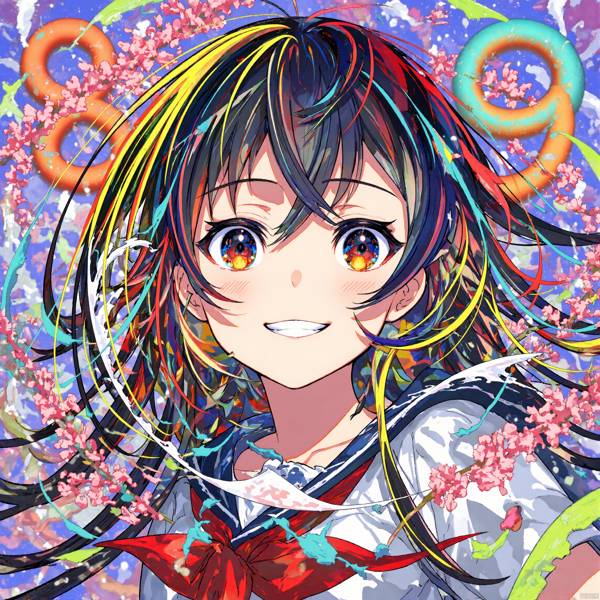 Captured from an eye-level perspective

an animated cartoon girl with long black hair

wearing a black and white outfit

is standing in front of a colorful mural. The mural is adorned with a variety of vibrant colors

including pink

blue

yellow

green

orange

and purple. In the background

a large number 9 can be seen

adding a pop of color to the scene.

