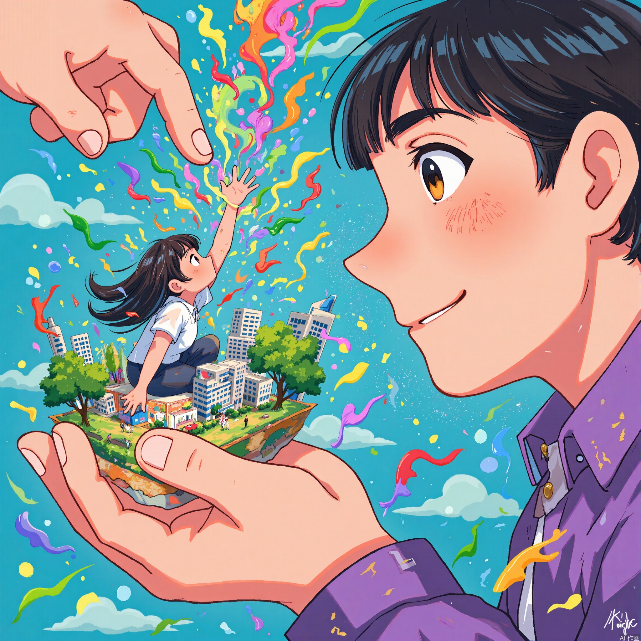 This imaginative illustration features a surreal scene with vibrant colors. In the foreground, a large hand holds a small platform resembling a miniature cityscape populated by buildings and trees. A person, depicted with dark flowing hair and dressed in a white shirt and dark pants, is seated on the platform. They are reaching upward with an expression of wonderment, interacting with colorful, swirling abstract shapes—green, pink, orange, and purple—that emerge and float upwards like sparks.

Overlaying this scene, a massive face looms on the right, staring in the direction of the central action. The face appears curious and whimsical, featuring soft peach tones and stylized features, with a prominent ear, upward-curled black hair, and rounded, expressive eyes. Another hand from the top left corner points delicately toward the colorful shapes, adding interaction and dynamism to the composition.

The vivid background utilizes hues of blue and green, creating depth and a dream-like quality. The interplay between the large and small figures emphasizes themes of creativity, imagination, and connection to larger forces. The artwork combines surrealism and whimsy, evoking a playful yet introspective atmosphere.