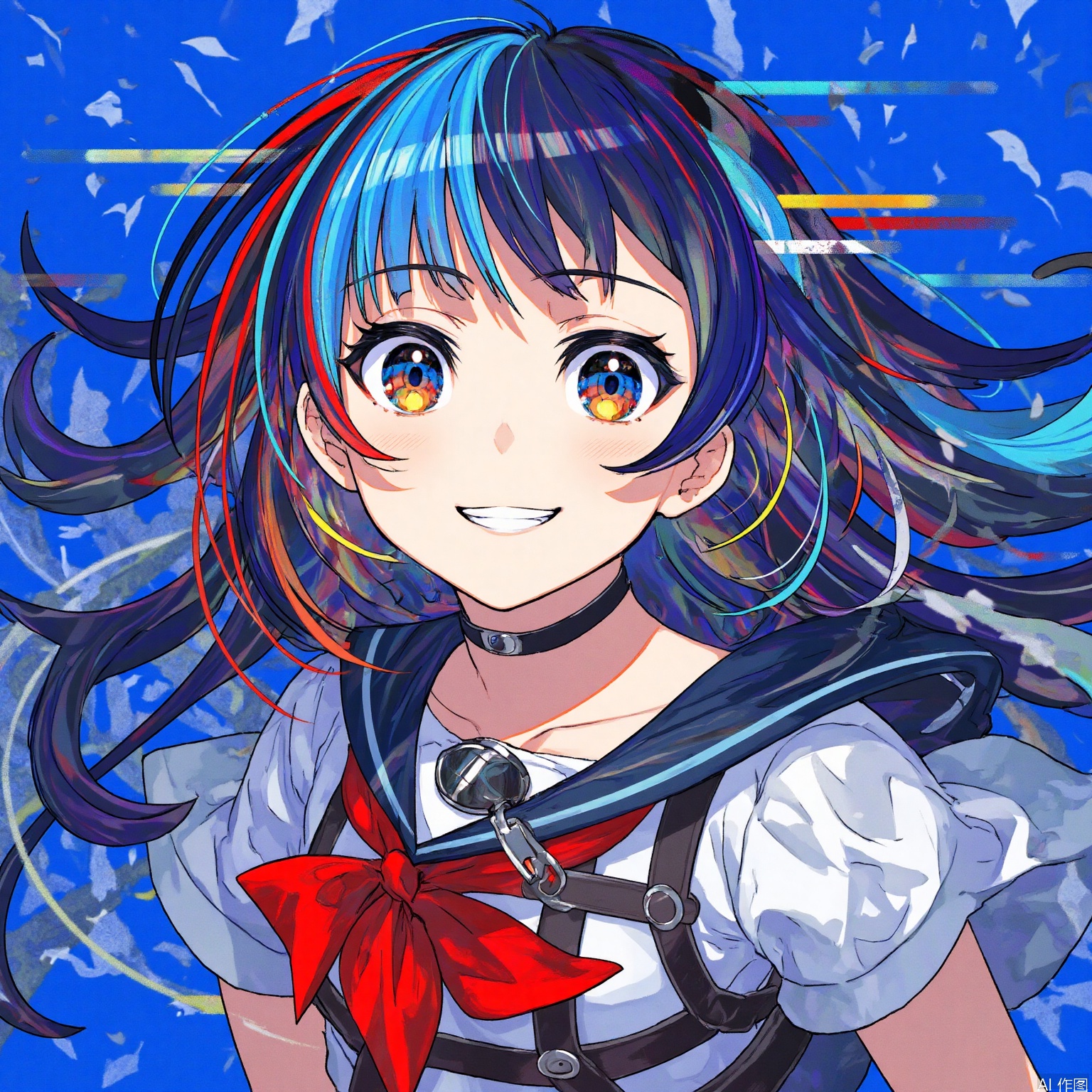 The image depicts a vibrant anime-style character with striking blue and red hair

adorned with a star-shaped accessory on the forehead. The character is wearing a school uniform with a red bow tied around the neck

and a choker necklace. The background is a solid blue color

providing a vivid contrast to the character's colorful attire. The character is holding a sword

suggesting a sense of readiness or action. The overall composition is dynamic

with the character's expression and posture exuding energy and confidence.

