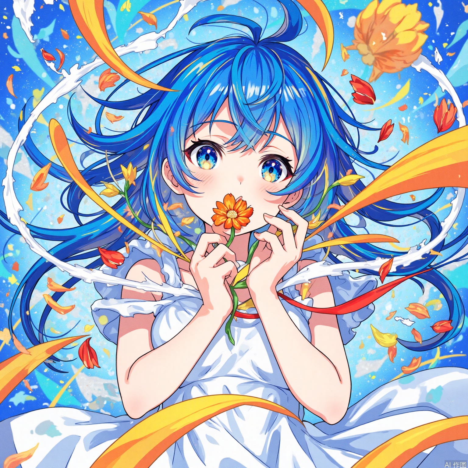 The image depicts a vibrant and dynamic scene with a character in the foreground. The character has long

flowing blue hair and is wearing a white dress with intricate patterns. They are holding a small orange flower close to their face

with a cheerful expression. The background is filled with a bright

colorful array of abstract shapes and lines

creating a sense of movement and energy. The overall color palette is dominated by blues

oranges

and whites

with some hints of other colors scattered throughout. The character's expression and posture suggest they are in a celebratory or joyful moment.
