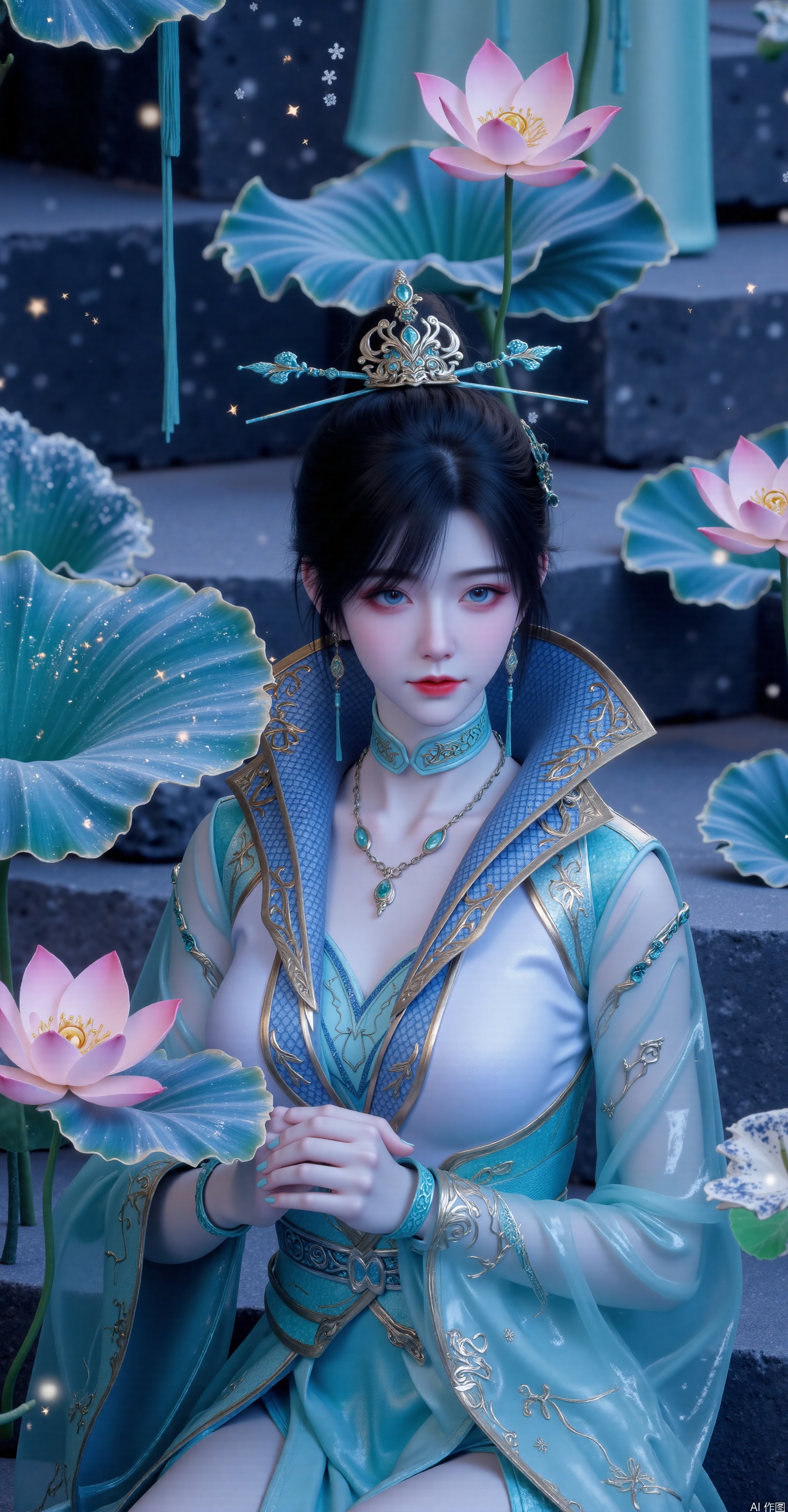 A celestial woman with black hair and icy blue eyes sits on the jade steps,wearing translucent cyan hanfu embroidered with constellation patterns.She holds a lotus flower,surrounded by qingluan illusions.Behind her,jade slips inscribed with ancient texts float in the air.Moonlight casts a frosty glow on the ice lotus flowers,with snowflakes and stardust drifting through the scene.