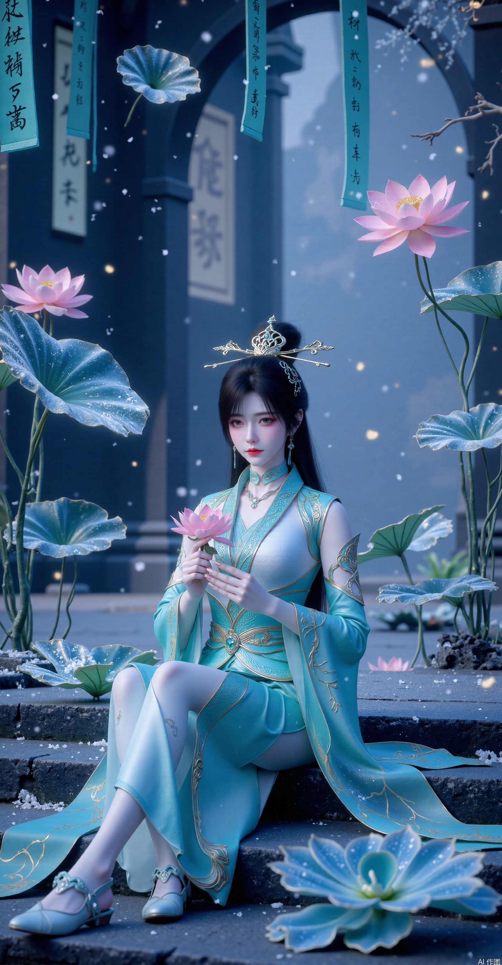 A celestial woman with black hair and icy blue eyes sits on the jade steps,wearing translucent cyan hanfu embroidered with constellation patterns.She holds a lotus flower,surrounded by qingluan illusions.Behind her,jade slips inscribed with ancient texts float in the air.Moonlight casts a frosty glow on the ice lotus flowers,with snowflakes and stardust drifting through the scene.