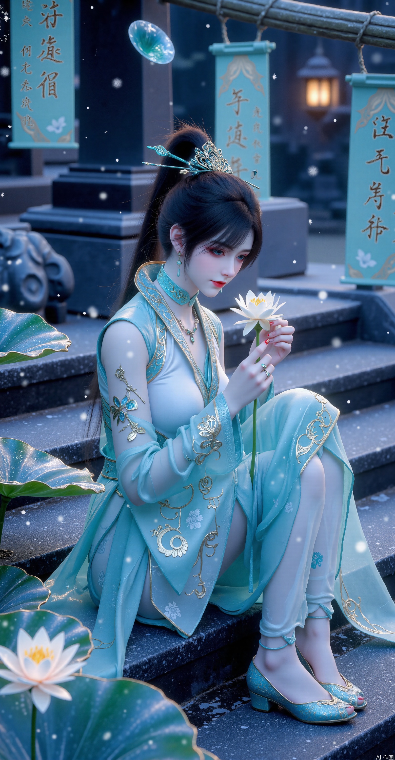 A celestial woman with black hair and icy blue eyes sits on the jade steps,wearing translucent cyan hanfu embroidered with constellation patterns.She holds a lotus flower,surrounded by qingluan illusions.Behind her,jade slips inscribed with ancient texts float in the air.Moonlight casts a frosty glow on the ice lotus flowers,with snowflakes and stardust drifting through the scene.