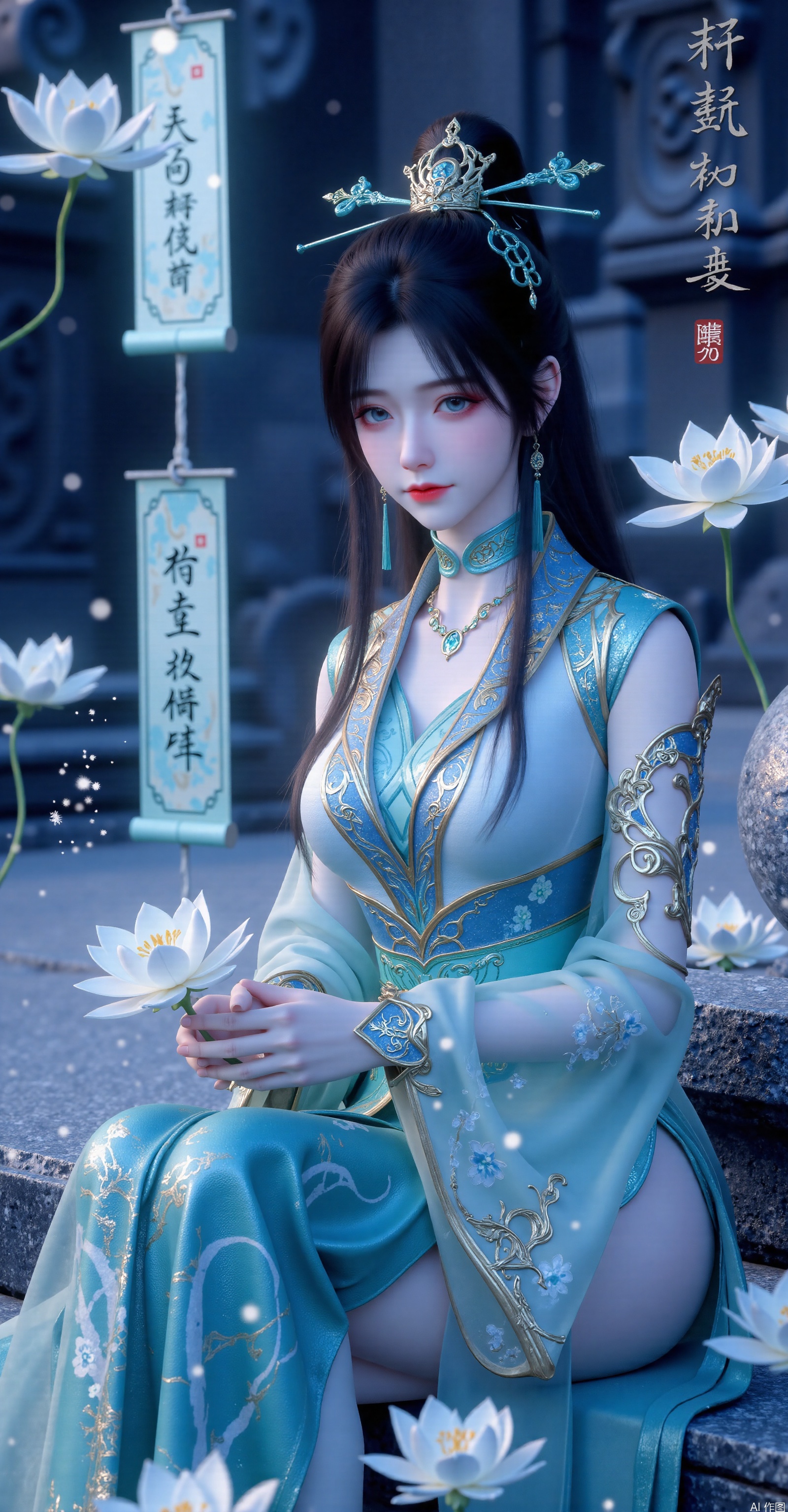 A celestial woman with black hair and icy blue eyes sits on the jade steps,wearing translucent cyan hanfu embroidered with constellation patterns.She holds a lotus flower,surrounded by qingluan illusions.Behind her,jade slips inscribed with ancient texts float in the air.Moonlight casts a frosty glow on the ice lotus flowers,with snowflakes and stardust drifting through the scene.