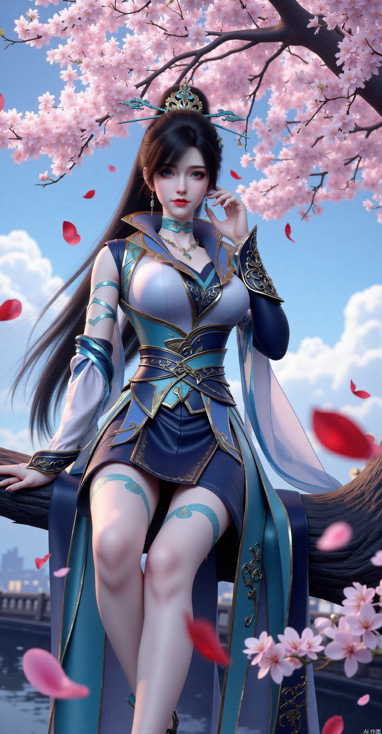 Character Image:The female character has long,dark black hair,deep in color and adorned with exquisite hair accessories,including a small crown.Costume and Style:She is wearing a fantasy-style outfit interwoven with blue-black and white,featuring golden decorations and patterns that exude both splendor and mystery.Pose:She sits on a cherry blossom tree branch,one hand gently touching her nose,displaying a posture that is both confident and elegant.Background:The background is a daytime scene with blue skies and white clouds,creating a tranquil and beautiful atmosphere.Environment:Red petals are falling around her,adding liveliness and romance to the scene.Accessories:She wears delicate earrings that match the style of her outfit.