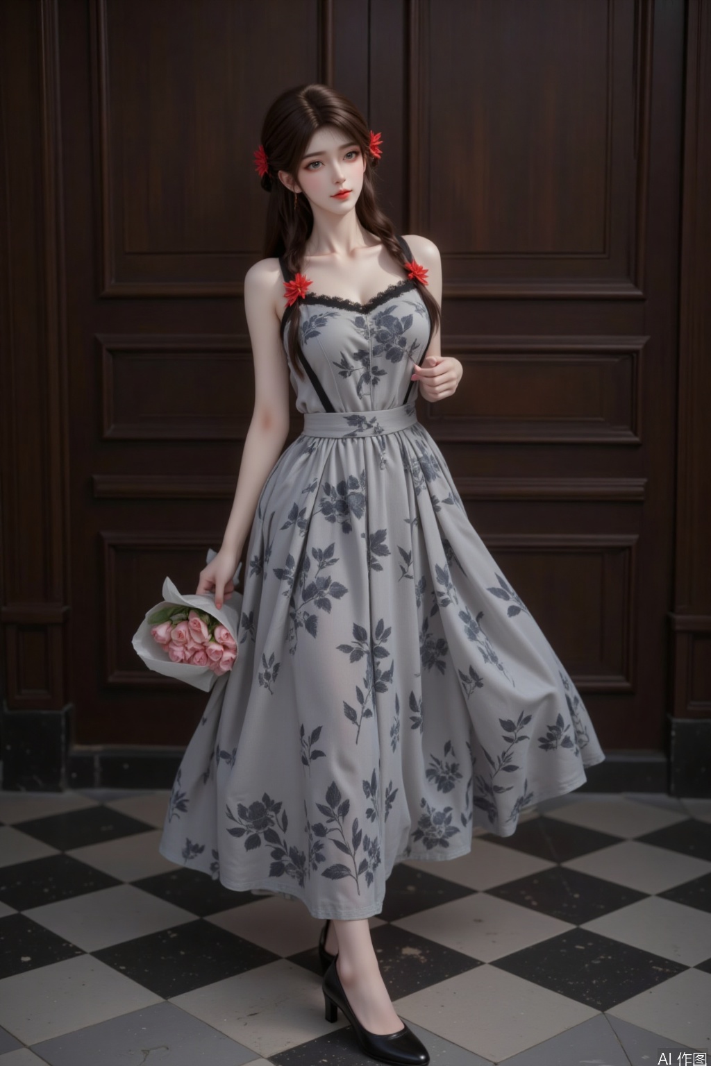 The girl in the picture seems to be walking from a retro painting, exuding an elegant and charming aura around her. She has a soft brown long hair that is carefully styled, with some cleverly woven into delicate braids that naturally fall on her shoulders. There is a bright red flower hairpin pinned between the hair, which looks particularly eye-catching against the brown hair. There are also several simple and small hairpin decorations next to it, adding a touch of playfulness and liveliness to the overall look.
In terms of makeup, it is delicate yet elegant. Her eyebrows have beautiful lines that complement her eye makeup. The eye makeup adopts deep tones, with thick curled eyelashes, making her eyes brighter and more lively. She chose the classic red for her lip makeup, which is full in color and highlights her elegant temperament and confident demeanor.
Clothing is undoubtedly a major highlight of the picture. She was wearing a suspender dress with a gray and white background, covered in black floral patterns. The lines of the flowers were delicate and smooth, as if they were carefully drawn, full of artistic sense. The black thin shoulder straps complement the black decoration on the collar edge, adding a sense of layering to the overall look and outlining her beautiful shoulder lines. The skirt is wide and fluffy, naturally hanging down, swaying slightly with her movements, showing a romantic style.
To match this vintage dress, she wore a pair of black glossy high heels with moderate heel height and a subtle sheen on the upper, perfectly blending with the overall look and further enhancing her temperament.
Her posture was elegant and composed, with one hand gently holding a bouquet of flowers wrapped in white wrapping paper. The pink flowers looked particularly delicate against the white wrapping paper, as if telling a romantic story; The other hand naturally lifted a corner of the skirt, slightly turned to the side, and looked at the camera with a gentle and confident expression.
The background is a dark wooden wall with clear texture and rich texture, giving people a calm and heavy feeling. The ground is designed with black and white checkered patterns, with retro elements echoing her overall style, creating a rich retro atmosphere, as if taking time back to that romantic and elegant era.