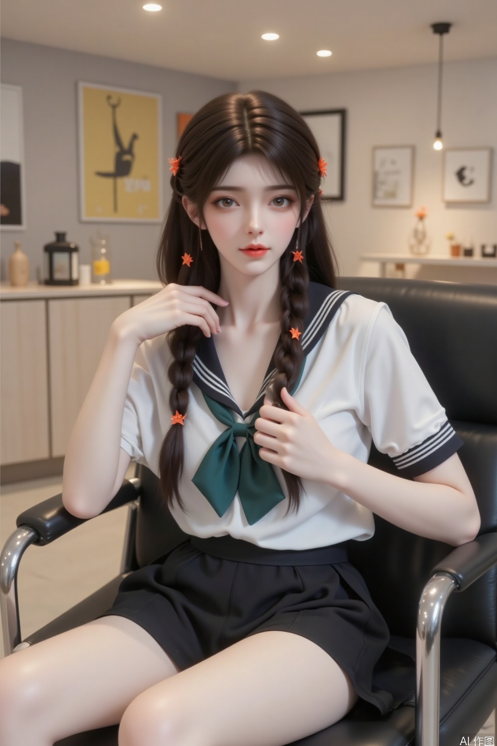 In the picture, there is a young and beautiful girl with a beautiful face, bright and clear eyes, and a gentle yet slightly playful expression.
Her hair is dark and bright, with length reaching to her shoulder. She has fine Fried Dough Twists braids on both sides, and is decorated with orange star shaped hair clips, which adds a bit of sweetness and loveliness.
Wearing a classic sailor suit style top, the main body is pure white, with black border on the collar and cuffs, and three parallel white stripes on the collar, which is highly recognizable; There is a large deep green bow tied under the collar, which naturally hangs down, agile and elegant. Wear a black short skirt on the lower body to match the top.
She was wearing delicate white pantyhose, with her legs casually overlapping and one hand gently resting on the neckline of her chest, her posture relaxed and natural.
She sat on a black leather armchair with a glossy metal armrest. The background is a simple indoor environment, with a low cabinet made of light colored wood on one side, on which several simple decorations are placed; There are several abstract style decorative paintings hanging on the rear wall, creating a warm, comfortable and modern atmosphere.