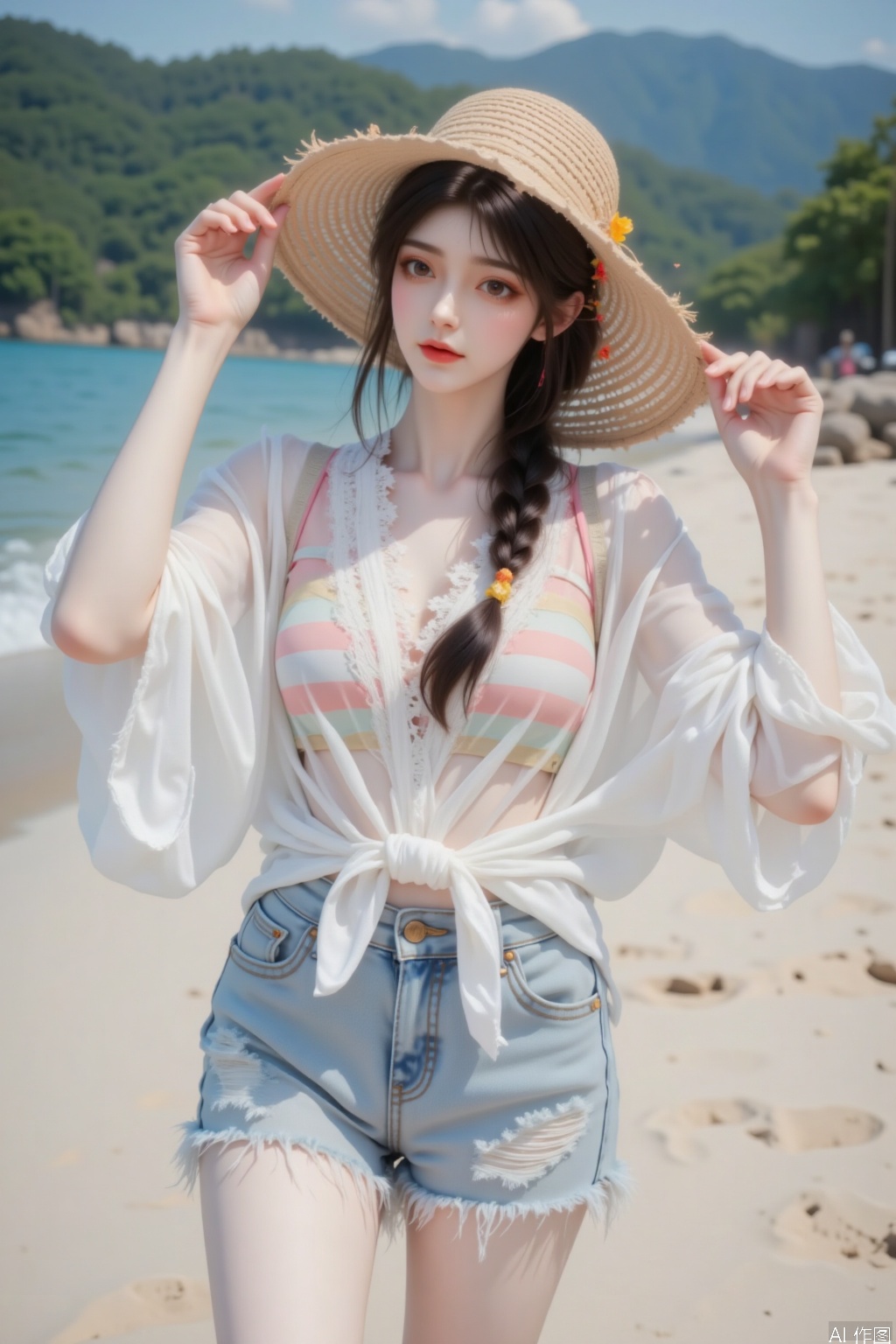 The girl in the picture is like a beautiful scenery on a summer beach. She has long black and beautiful hair, which is soft and smooth. One side of her hair is carefully woven into a tight Fried Dough Twists braid, which falls down on her chest. A small and lovely yellow object is dotted on the Fried Dough Twists braid, adding a bit of playfulness and flexibility to the overall shape. Wearing a wide brimmed straw hat on top of his head, the hat is made of natural woven grass, with a slightly curled brim and natural burrs. It not only has excellent sun protection function, but also exudes a strong leisure and vacation atmosphere.
In terms of makeup, she wears a fresh, natural, and delicate look. The orange eye shadow adds a bright color to her eyes, which sets off against her white skin and looks particularly attractive; Her eyelashes are clearly defined and curled, making her gaze brighter and more lively; The orange red lipstick of the same color scheme is evenly applied, and the lip color is full, highlighting her good complexion and making her look youthful and radiant.
The clothing matching is extremely summer style. Wearing a lightweight white see through top, the fabric is light and flowing, as if it can sway gently with the sea breeze. The collar and cuffs are decorated with exquisite lace, with delicate patterns and exquisite workmanship, adding a touch of sweetness and elegance. The cover shirt was tied casually in front of the body, perfectly revealing the colorful striped underwear inside. The edges of the underwear were also decorated with lace, and the colorful stripes formed a sharp contrast with the white cover shirt, giving it a strong sense of fashion. Paired with a pair of light blue ripped denim shorts, the denim fabric is soft and comfortable, and the light blue color is fresh and elegant, echoing the tones of the beach and the sea. The hem of the shorts features a frayed design, combined with several natural holes, creating a rebellious and casual vibe.
Her posture is elegant and confident, with both hands gently supporting her straw hat, lifting her head slightly, and looking at the camera with her eyes, as if engaged in silent communication with the viewer. The background is a beautiful beach, with delicate sand shimmering with golden light under the sunshine. Not far away is the deep blue sea, with waves gently crashing against the shore, making pleasant sounds. Further away are lush forests, with green vegetation complementing the blue sky and sea, creating a picturesque natural scenery. The entire scene is filled with youthful vitality and a romantic vacation atmosphere, making people feel the beauty and comfort of summer.