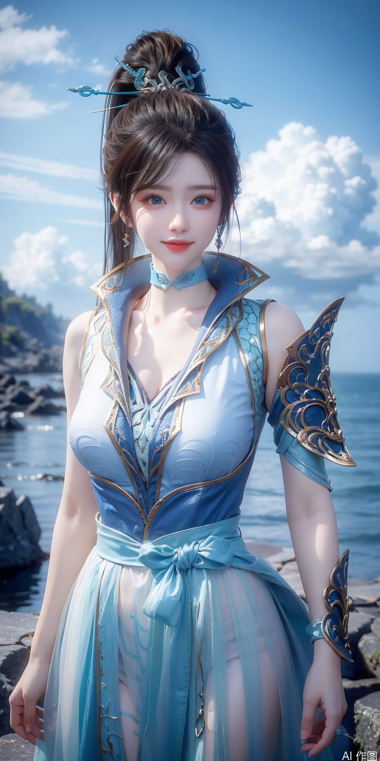 best quality, masterpiece, realistic,cowboy short,(Good structure), DSLR Quality,Depth of field,kind smile,looking_at_viewer,Dynamic pose, , Blue sky and white clouds on the beach,Masterpiece, (ultra wide angle lens: 1.2), Unity8k wallpaper, best quality, (detail shadow: 1.1), a beautiful girl, on a sea of light blue silk, translucent silk, floating light blue silk, surrealist style, minimalism, highly detailed texture, light blue, white clean background, CG rendering, light passing through clouds, 8k resolution, (motion photo: 1.2), (Fidelity: 1.4), original photos, movie lighting, 1girl,, , ,kind smile, , weddingdress,qinglin,blue_eyes,High ponytail
