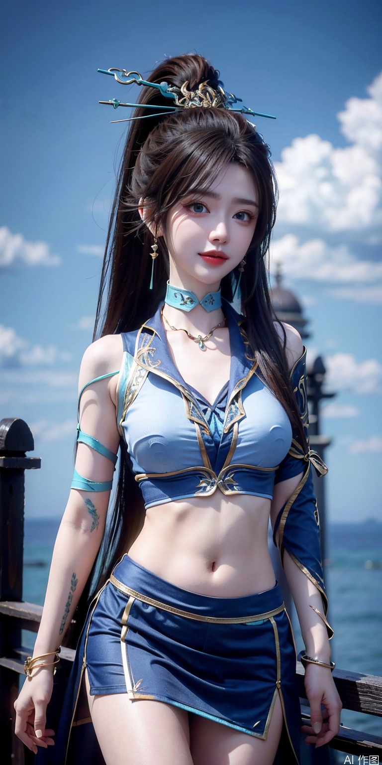 best quality, masterpiece, realistic,cowboy_shot,(Good structure), DSLR Quality,Depth of field,kind smile,looking_at_viewer,Dynamic pose, 
,Short skirt,Blue sky, white clouds, ocean, nai3, 1girl, solo, crop top, , choker, navel, shirt, midriff, crop top overhang, looking at viewer, white shirt, jewelry, breasts, bare shoulders, off-shoulder shirt, off shoulder, black choker, thighs, stomach, long hair, bracelet, short sleeves, ribbon, hand up, collarbone, hair ribbon, medium breasts, , bra strap, , hair ornament, thigh gap, necklace, expressionless, ,qinglin,blue_eyes,High ponytail