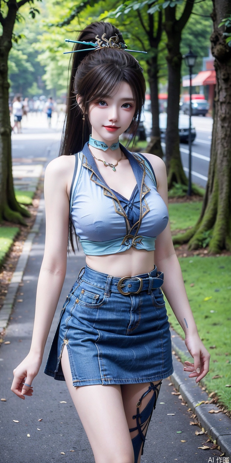  1girl,kind smile, bare_shoulders, belt, blurry, blurry_background, blurry_foreground, branch,  , , collarbone, cosplay_photo, denim, denim_skirt, depth_of_field, hand_on_own_chest, lips, , looking_at_viewer, midriff, miniskirt, motion_blur, navel, outdoors, photo_\(medium\), realistic, skirt, solo, standing, tree, qinglin,blue_eyes,High ponytail