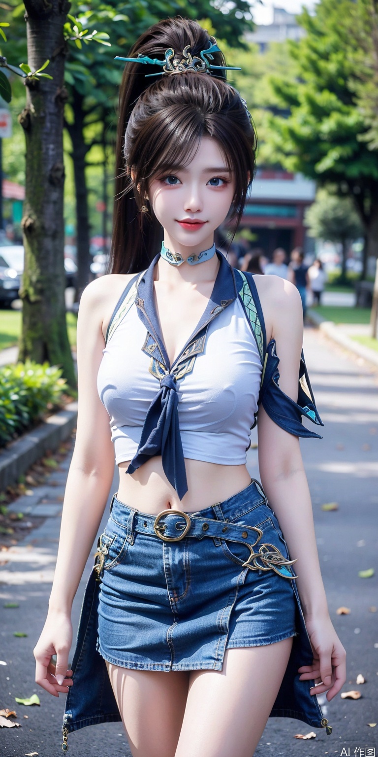  1girl,kind smile, bare_shoulders, belt, blurry, blurry_background, blurry_foreground, branch,  , , collarbone, cosplay_photo, denim, denim_skirt, depth_of_field, hand_on_own_chest, lips, , looking_at_viewer, midriff, miniskirt, motion_blur, navel, outdoors, photo_\(medium\), realistic, skirt, solo, standing, tree, qinglin,blue_eyes,High ponytail