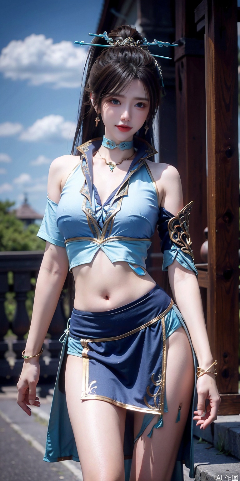 best quality, masterpiece, realistic,cowboy_shot,(Good structure), DSLR Quality,Depth of field,kind smile,looking_at_viewer,Dynamic pose, 
,Short skirt,Blue sky, white clouds, ocean, nai3, 1girl, solo, crop top, , choker, navel, shirt, midriff, crop top overhang, looking at viewer, white shirt, jewelry, breasts, bare shoulders, off-shoulder shirt, off shoulder, black choker, thighs, stomach, long hair, bracelet, short sleeves, ribbon, hand up, collarbone, hair ribbon, medium breasts, , bra strap, , hair ornament, thigh gap, necklace, expressionless, ,qinglin,blue_eyes,High ponytail