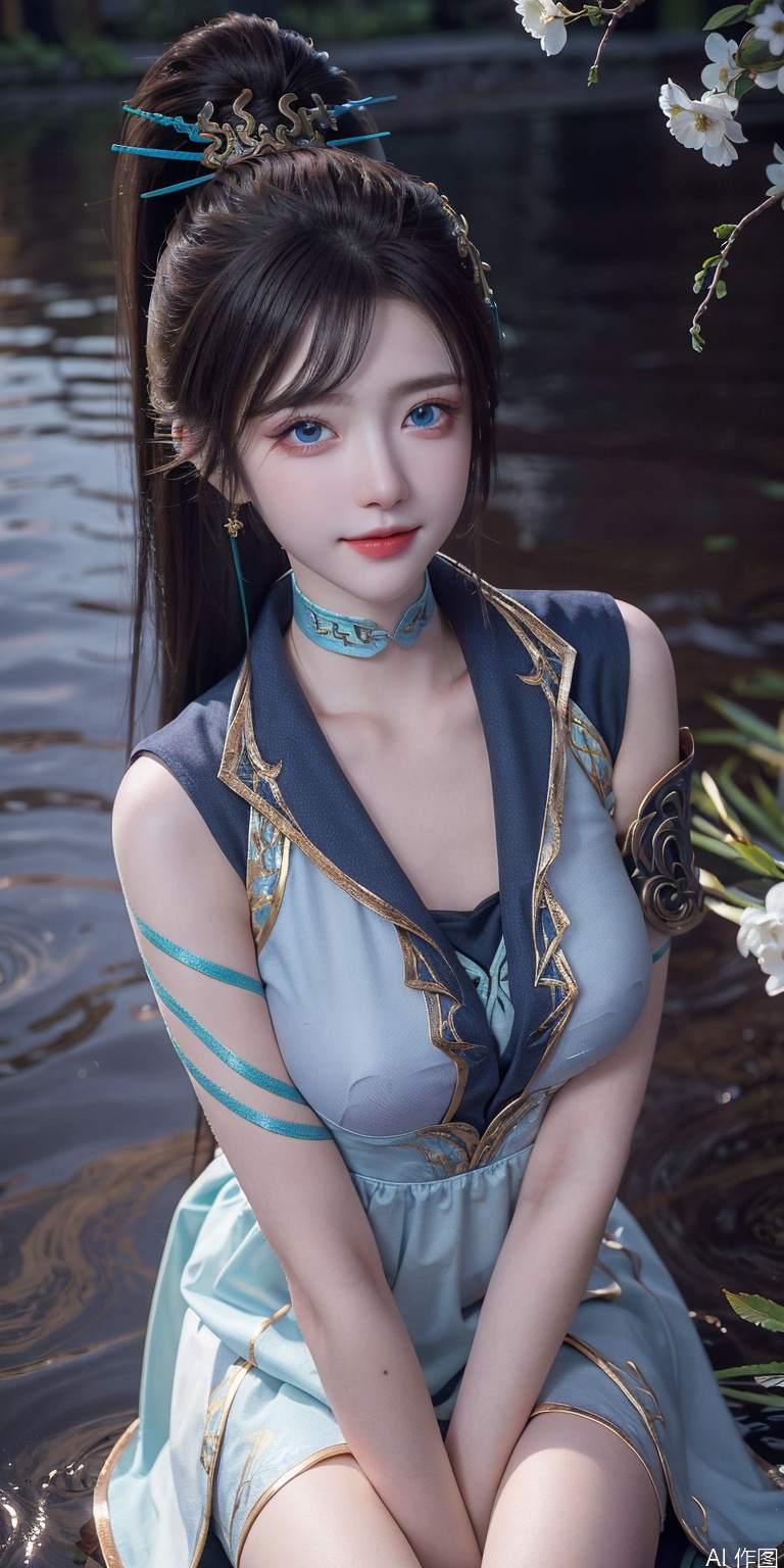 HDR, UHD, 8K, Highly detailed, best quality, masterpiece, 1girl, realistic, Highly detailed, (EOS R8, 50mm, F1.2, 8K, RAW photo:1.2), ultra realistic 8k cg,1 girl, solo focus,brown_hair,Long hair,Messy hair,Bangs,hair between eyes,Sidelocks,Hair over shoulder,very long hair,shiny hair,floating hairblue eyes,Bright eyes,big eyes,detailed eyes,beautiful eyes,hair ornament,hair flower,choker,frilled dress with lace,long dress,pleated dress,[loli],blush,blushing,smile,smiling,outdoors,water,flower,sitting in the ((sea of flowers)), flower field,meadow,beautiful detailed sky,feather,nature,(sunlight),  skirt up,AGM,moist skin, shiny skin, glossy skin, (best illumination, best shadow, extremely delicate and beautiful), perfect lighting, original, highres, dynamic angle, floating,depth of field, caustics,lens flare,warm lighting,(official art,beautiful and aesthetic:1.2),beautiful face, perfect body,ultra detailed eyes,qinglin,blue_eyes,High ponytail