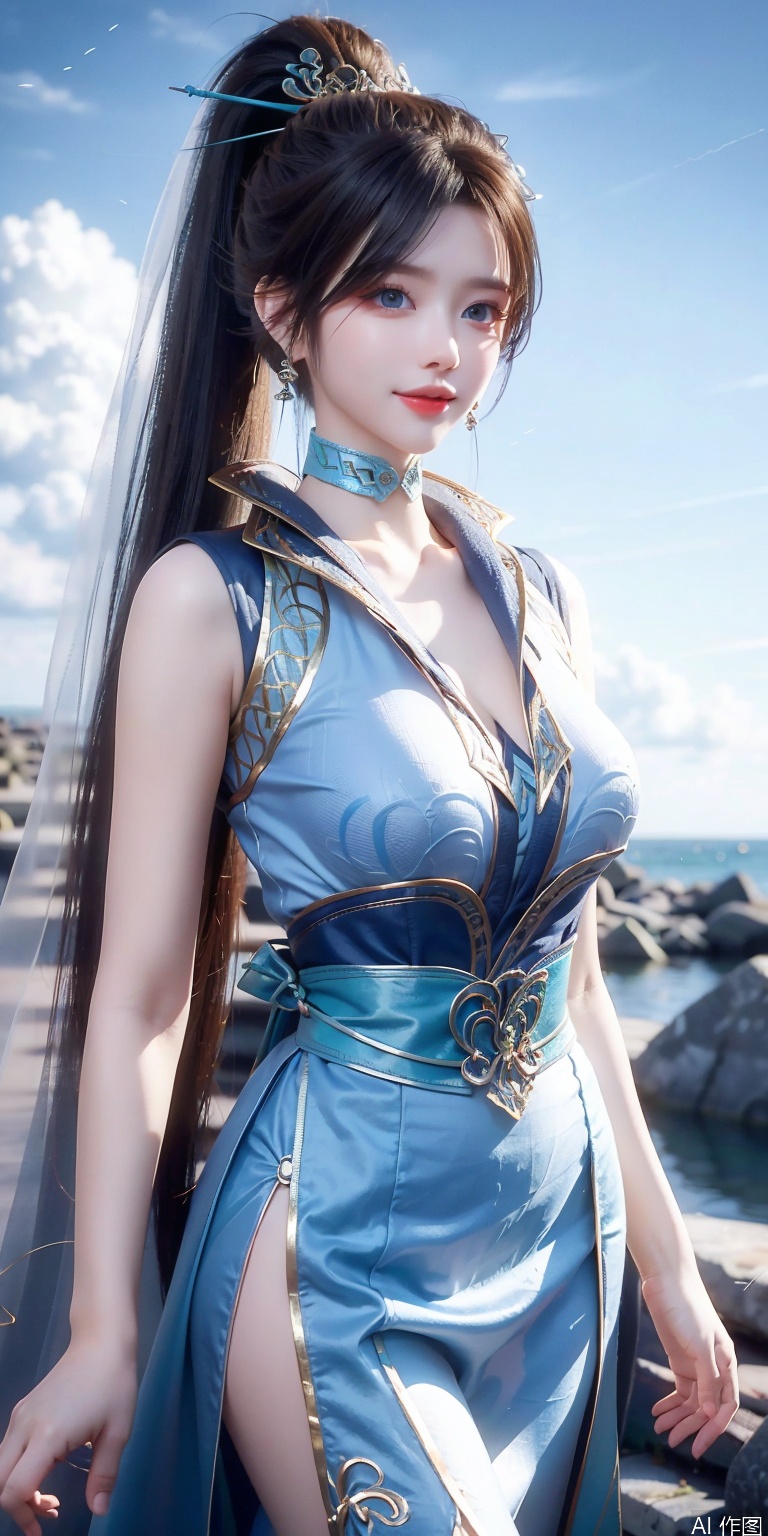 best quality, masterpiece, realistic,cowboy short,(Good structure), DSLR Quality,Depth of field,kind smile,looking_at_viewer,Dynamic pose, , Blue sky and white clouds on the beach,Masterpiece, (ultra wide angle lens: 1.2), Unity8k wallpaper, best quality, (detail shadow: 1.1), a beautiful girl, on a sea of light blue silk, translucent silk, floating light blue silk, surrealist style, minimalism, highly detailed texture, light blue, white clean background, CG rendering, light passing through clouds, 8k resolution, (motion photo: 1.2), (Fidelity: 1.4), original photos, movie lighting, 1girl,, , ,kind smile, , weddingdress,qinglin,blue_eyes,High ponytail