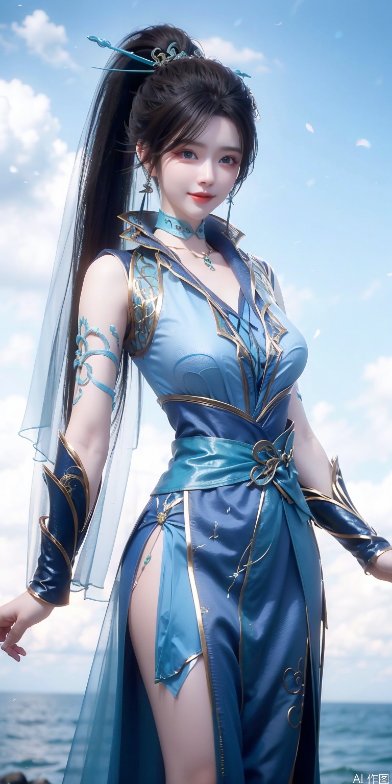 best quality, masterpiece, realistic,cowboy short,(Good structure), DSLR Quality,Depth of field,kind smile,looking_at_viewer,Dynamic pose, , Blue sky and white clouds on the beach,Masterpiece, (ultra wide angle lens: 1.2), Unity8k wallpaper, best quality, (detail shadow: 1.1), a beautiful girl, on a sea of light blue silk, translucent silk, floating light blue silk, surrealist style, minimalism, highly detailed texture, light blue, white clean background, CG rendering, light passing through clouds, 8k resolution, (motion photo: 1.2), (Fidelity: 1.4), original photos, movie lighting, 1girl,, , ,kind smile, , weddingdress,qinglin,blue_eyes,High ponytail