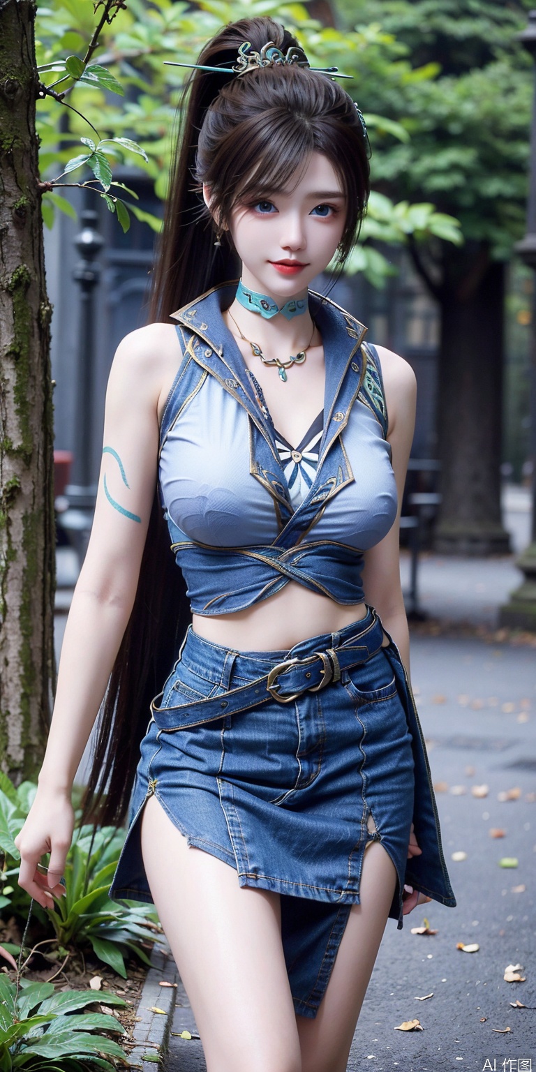  1girl,kind smile, bare_shoulders, belt, blurry, blurry_background, blurry_foreground, branch,  , , collarbone, cosplay_photo, denim, denim_skirt, depth_of_field, hand_on_own_chest, lips, , looking_at_viewer, midriff, miniskirt, motion_blur, navel, outdoors, photo_\(medium\), realistic, skirt, solo, standing, tree, qinglin,blue_eyes,High ponytail