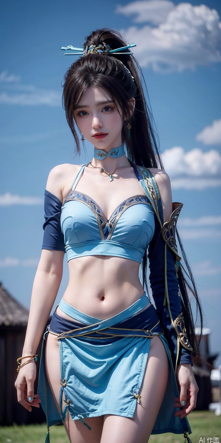 best quality, masterpiece, realistic,cowboy_shot,(Good structure), DSLR Quality,Depth of field,kind smile,looking_at_viewer,Dynamic pose, 
,Short skirt,Blue sky, white clouds, ocean, nai3, 1girl, solo, crop top, , choker, navel, shirt, midriff, crop top overhang, looking at viewer, white shirt, jewelry, breasts, bare shoulders, off-shoulder shirt, off shoulder, black choker, thighs, stomach, long hair, bracelet, short sleeves, ribbon, hand up, collarbone, hair ribbon, medium breasts, , bra strap, , hair ornament, thigh gap, necklace, expressionless, ,qinglin,blue_eyes,High ponytail