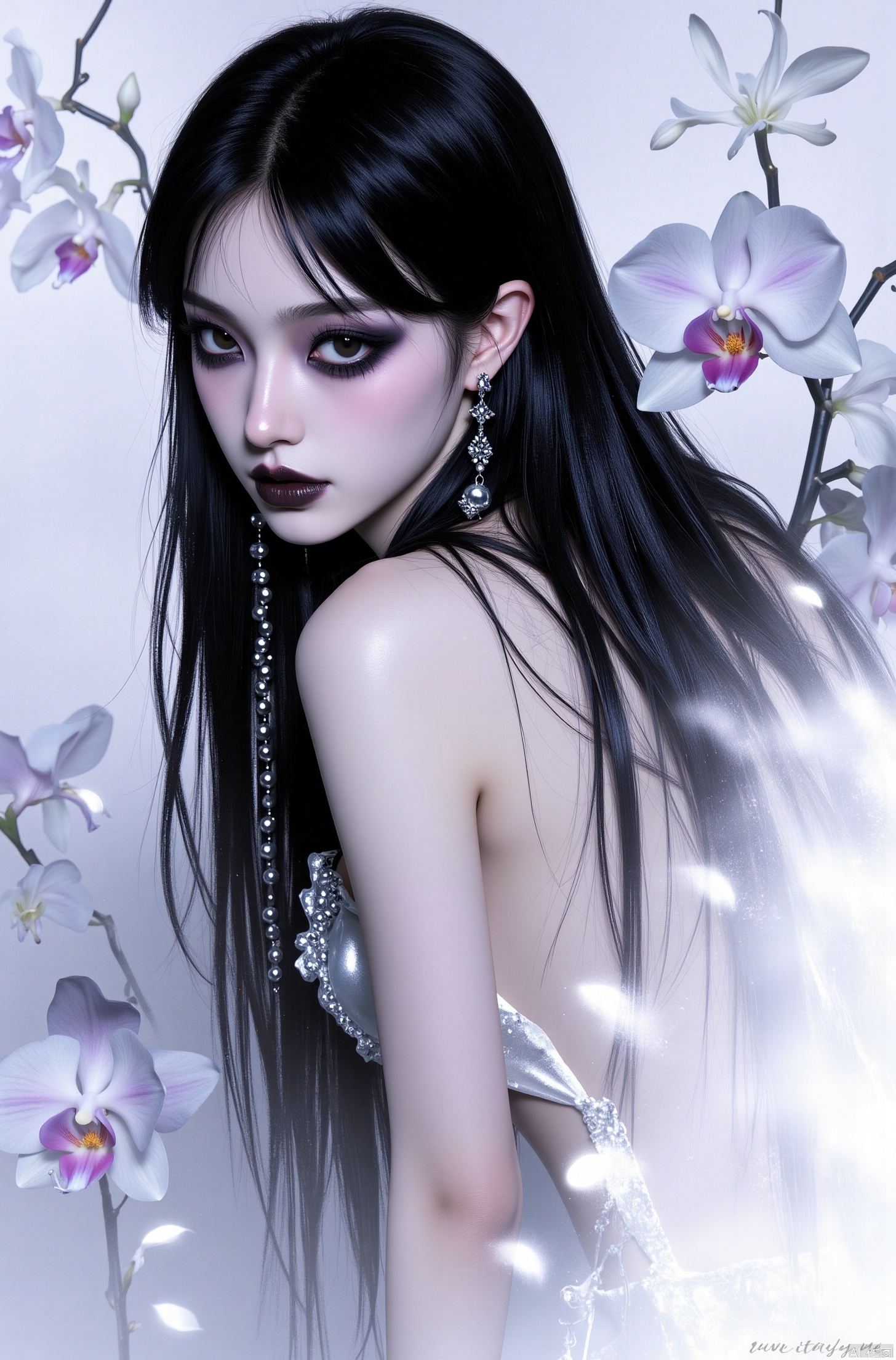 1girl, solo, long hair, looking at viewer, black hair, bare shoulders, jewelry, upper body, flower, earrings, black eyes, from side, makeup, pale skin, portrait, blinds