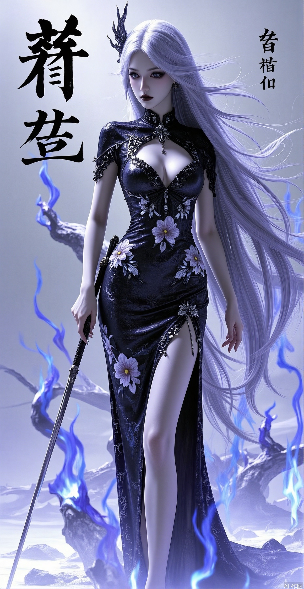 1girl,solo,long hair,black lips,full body,sword,weapon,China Chinese characters, cheongsam,long legs,Purple flame