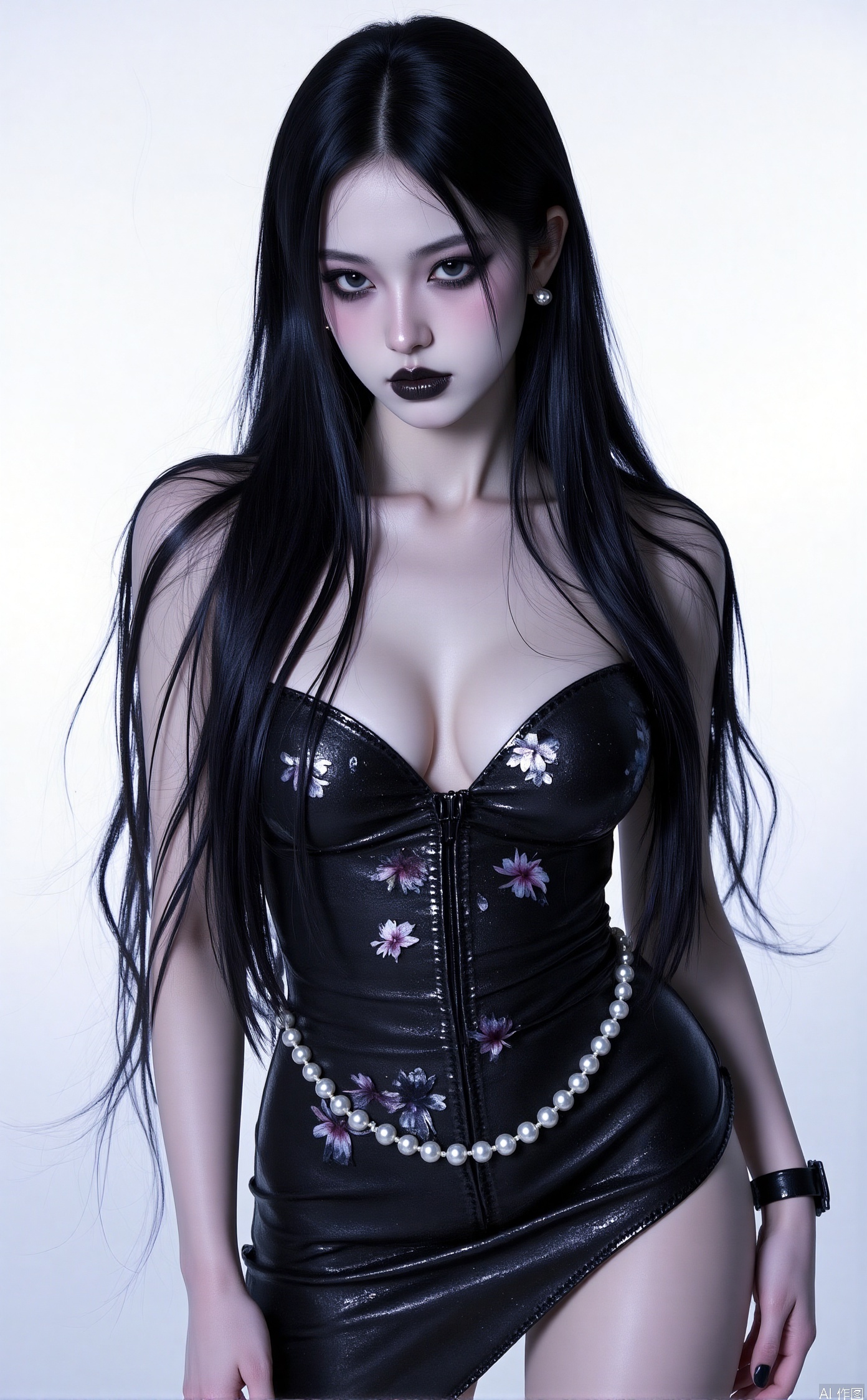 1girl,solo,long hair,black lips,Portrait photo, cleavage, big breasts, long hair,huaxiangr,huge Breasts