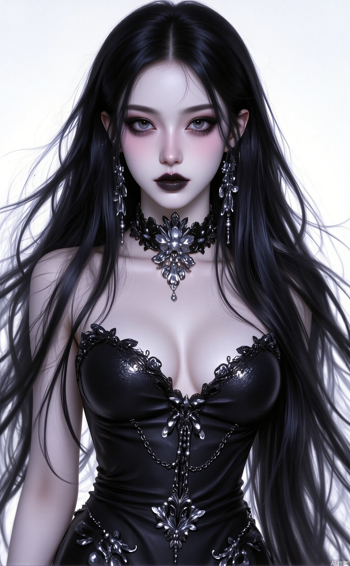 1girl,solo,long hair,black lips,Portrait photo, cleavage, big breasts, long hair