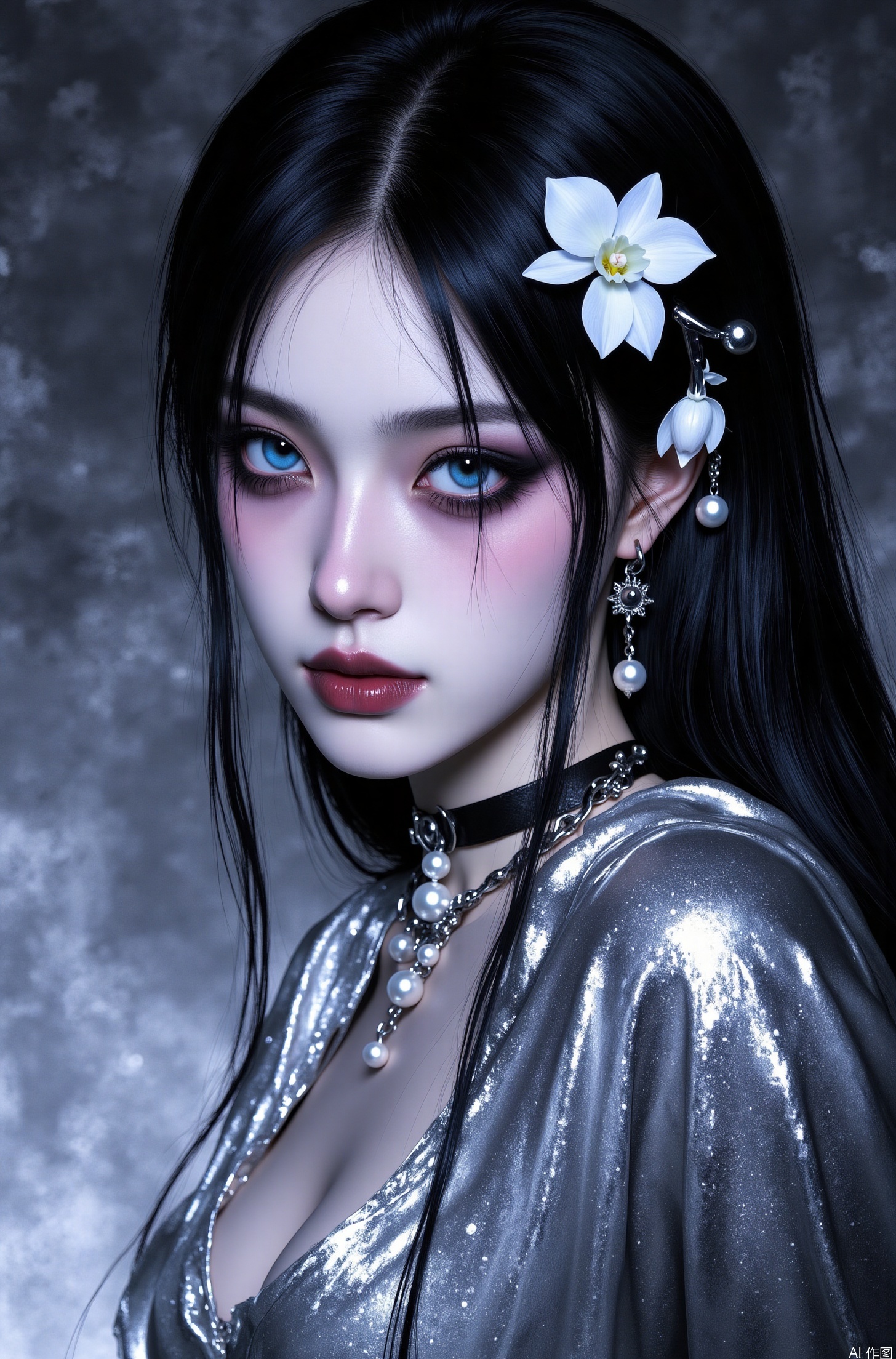 1girl, solo, long hair, breasts, looking at viewer, blue eyes, black hair, hair ornament, cleavage, jewelry, closed mouth, upper body, flower, earrings, choker, hair flower, necklace, from side, lips, makeup, white flower, pale skin, freckles, realistic, nose