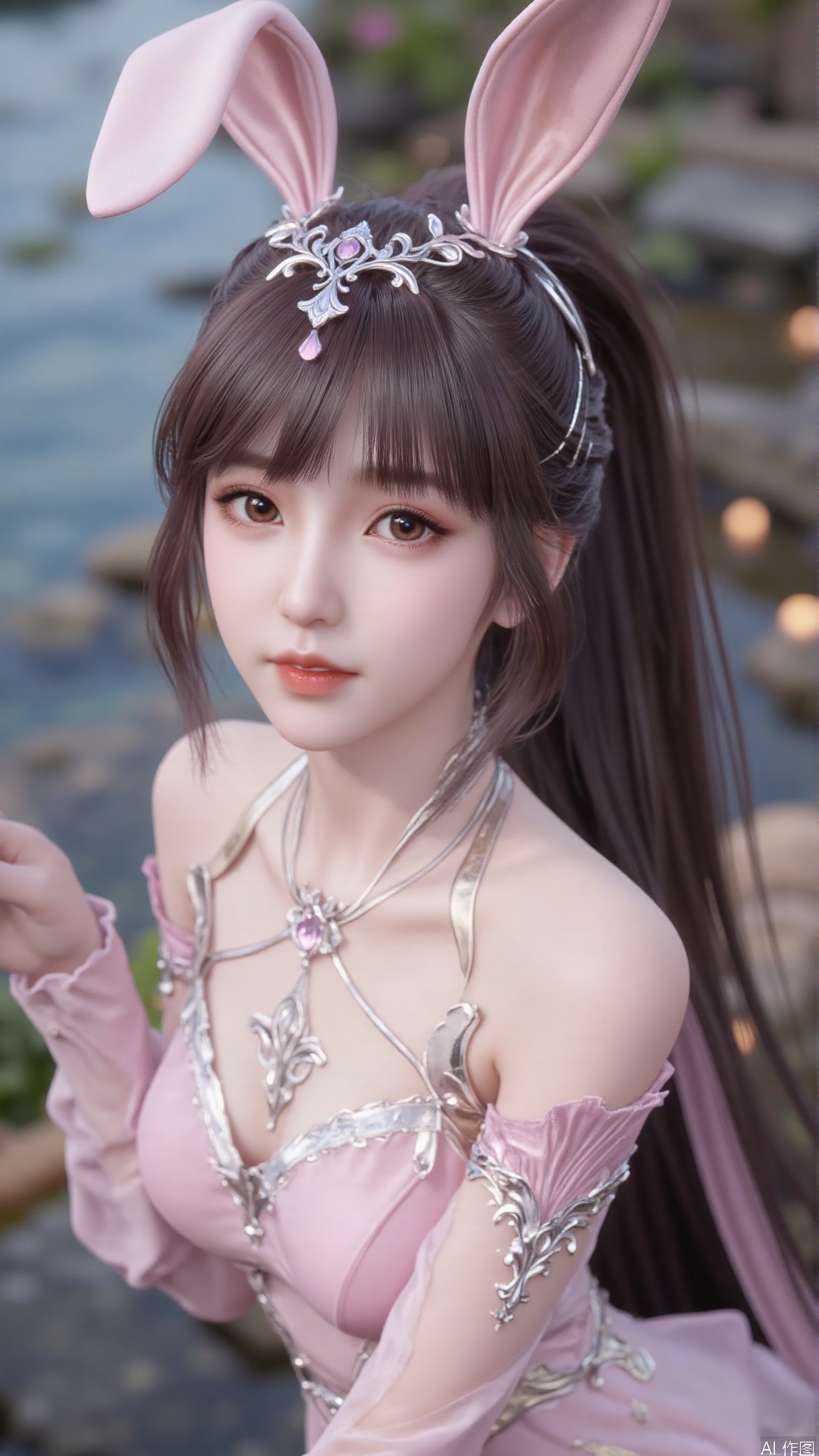 1girl, animal ears, rabbit ears, dress, solo, ponytail, pink dress, brown hair, hair ornament, mischevious smile, perfect body, scenery, sharp focus, best quality, masterpiece, detailed outfit, illustration, perfect eyes, finely detailed beautiful anime eyes, realistic skin, intricate details, best lighting, depth of field, ultra high resolution,cowboy_shot