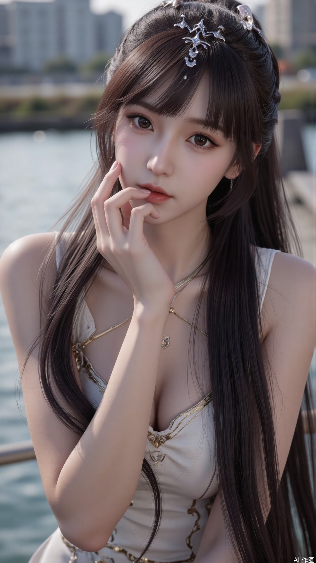  a asian woman, sexy long hair, charming and seductive temperament, distant close-up, golden ratio, movie texture, minimalism, high-end feeling, strong contrast between cold and warm, outdoor scenes, 